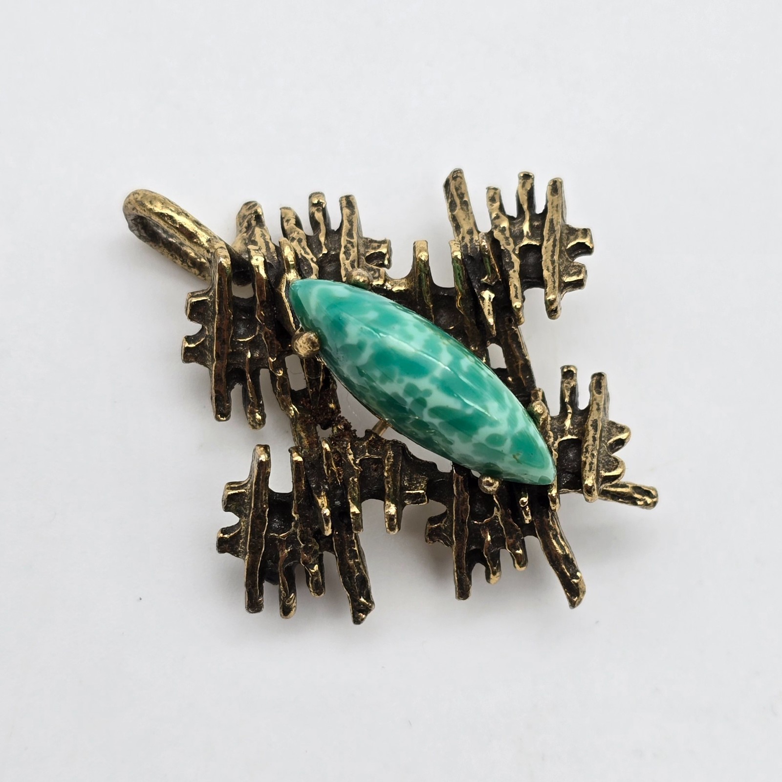 Vintage ZENTALL Brutalist Green Glass Gold Tone Brooch / Pendant