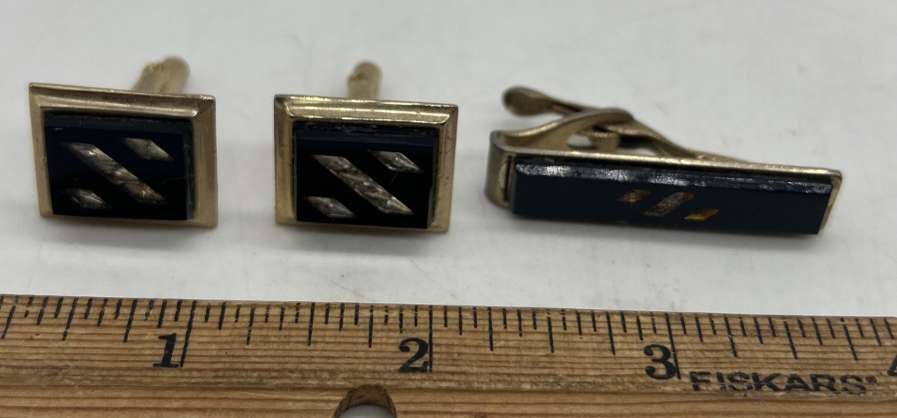 Black Glass Cuff Links & Tie Clip Diamond Accents Rectangle Bullet Shape Vintage