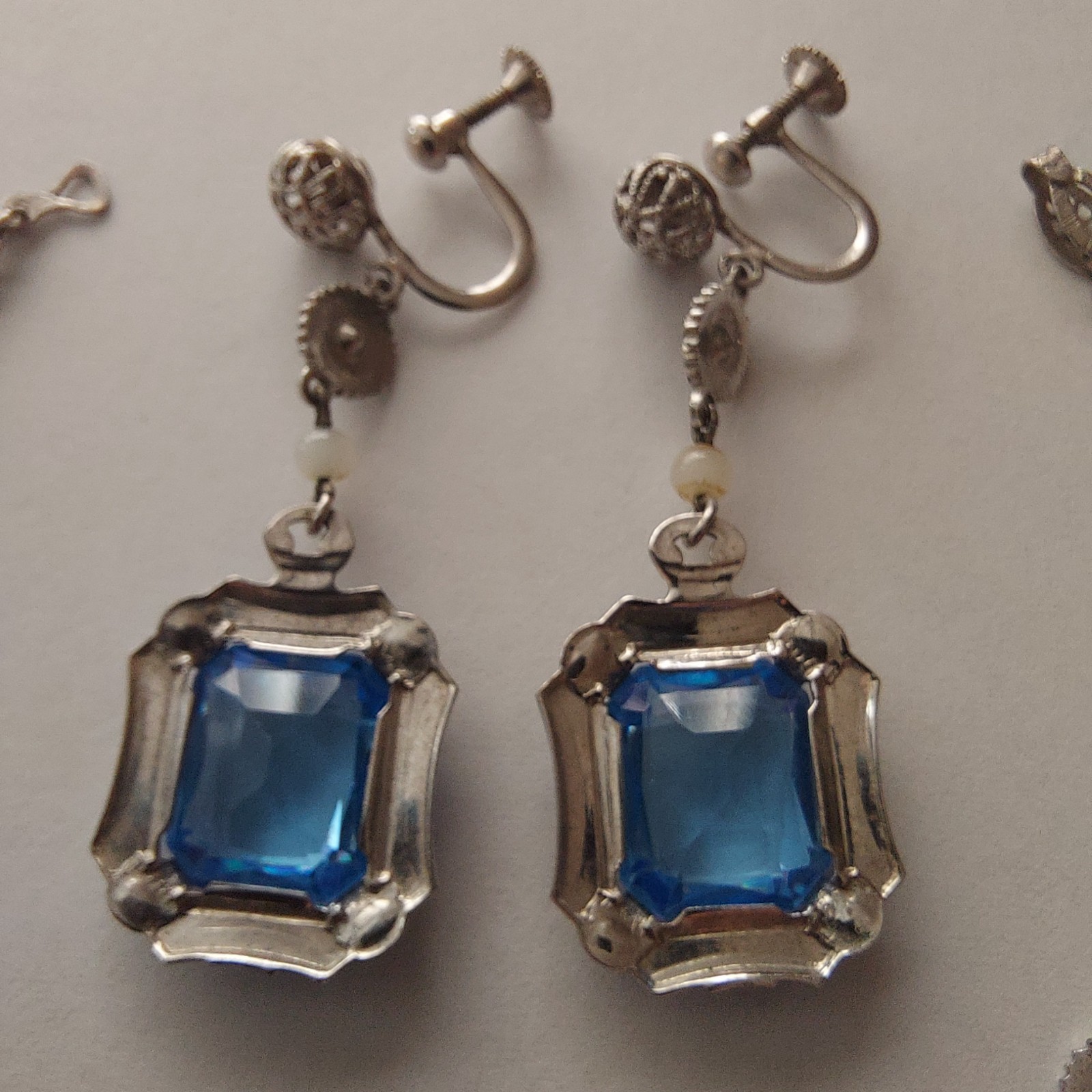 Antique Art Deco Blue Faceted Glass Ornate Filigree Bracelet & Earrings Set