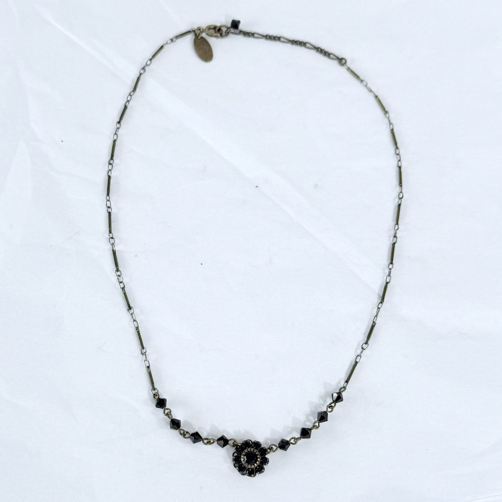 Vintage LIZ PALACIOS SF Dainty Black Rhinestones Gold Tone Bar Link Chain 16.5in