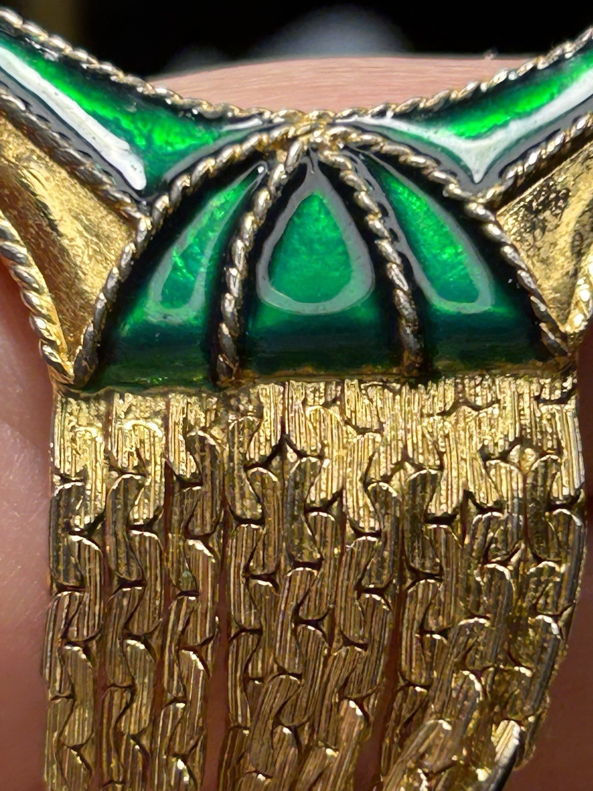 Vintage 1865 Signed Egyptian Revival Green Enamel Fringe Tassel Necklace 60s 64g