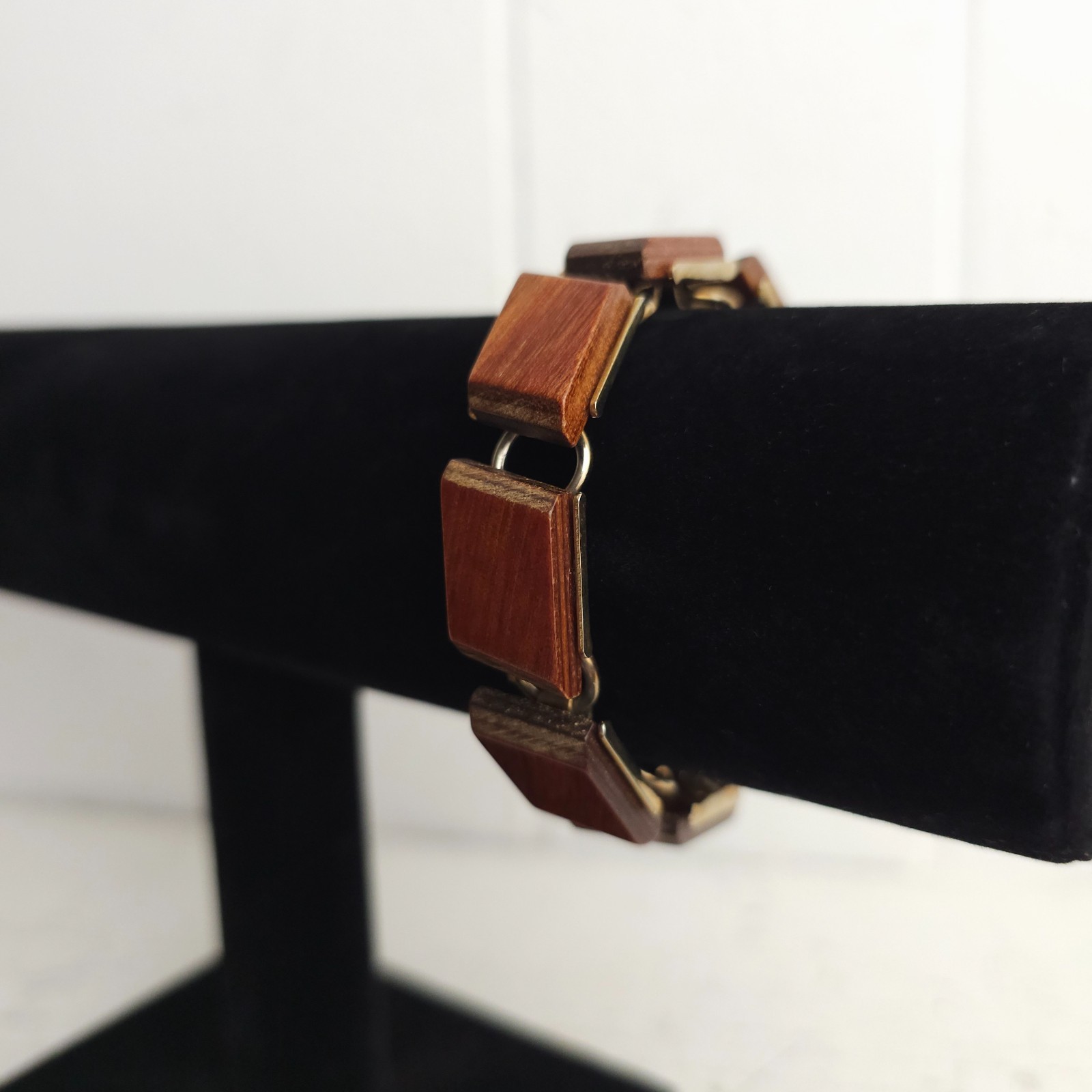 Vtg Modernist MCM Wood Tile Link Bracelet Boho 1960s 70s Earthy Natural Minimal