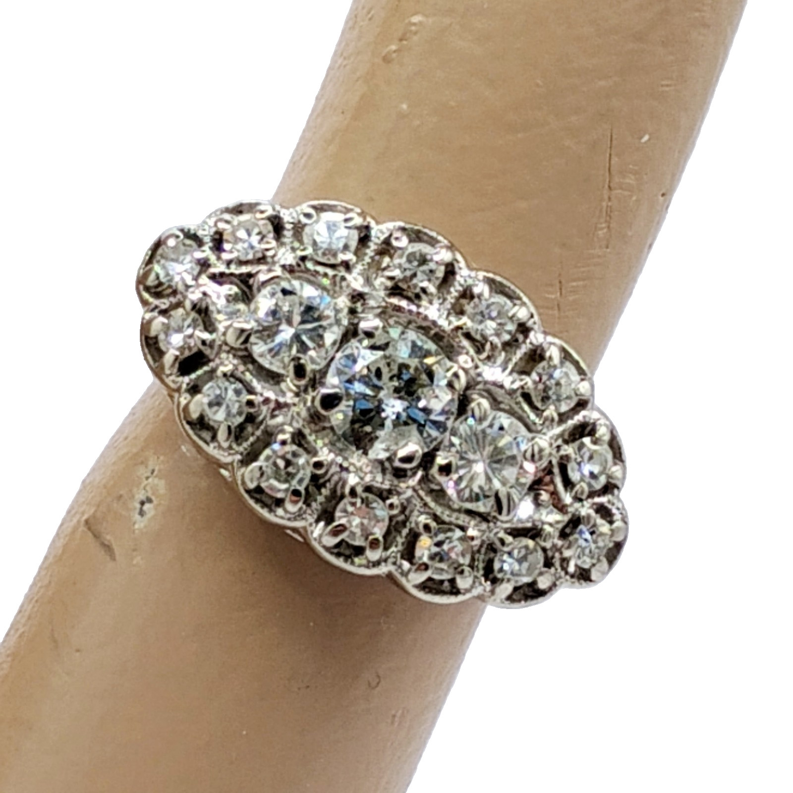 $7,500 1.00ctw ANTIQUE 3-STONE HALO WOMANS 14K WHITE GOLD THREE ROW DIAMOND RING