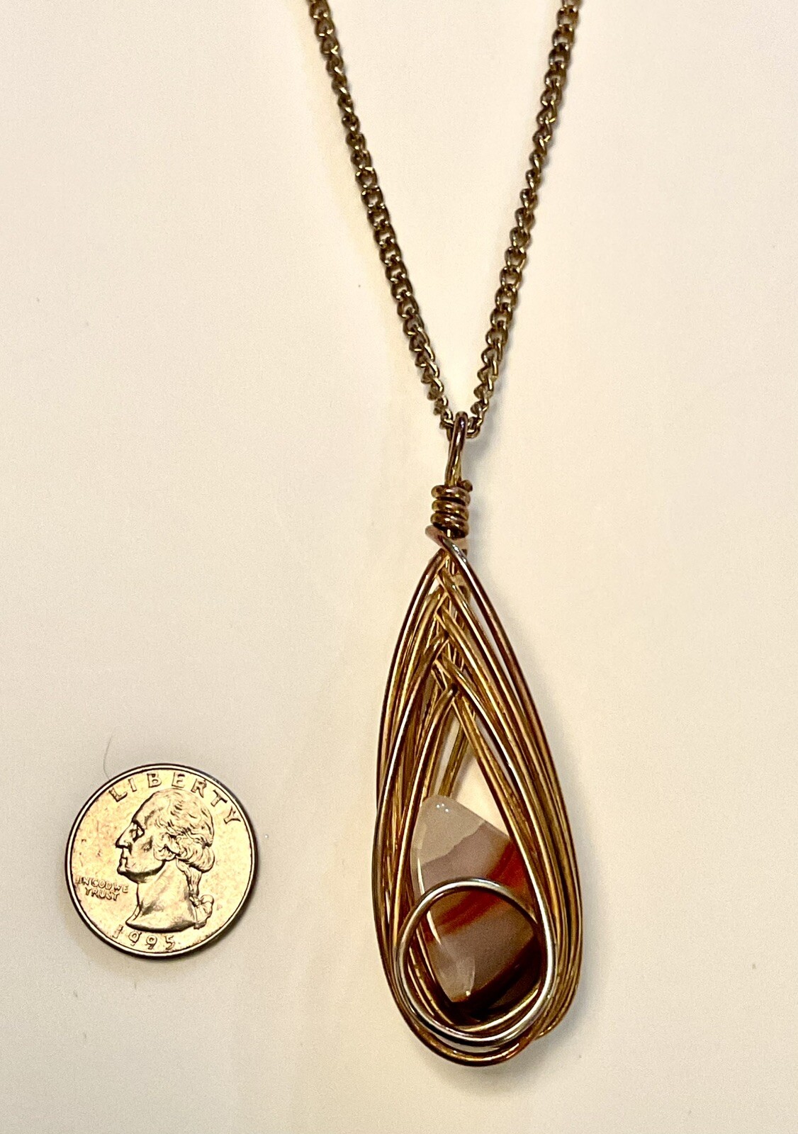 Vintage Gold Tone Wire Wrapped Agate Stone Necklace 24”