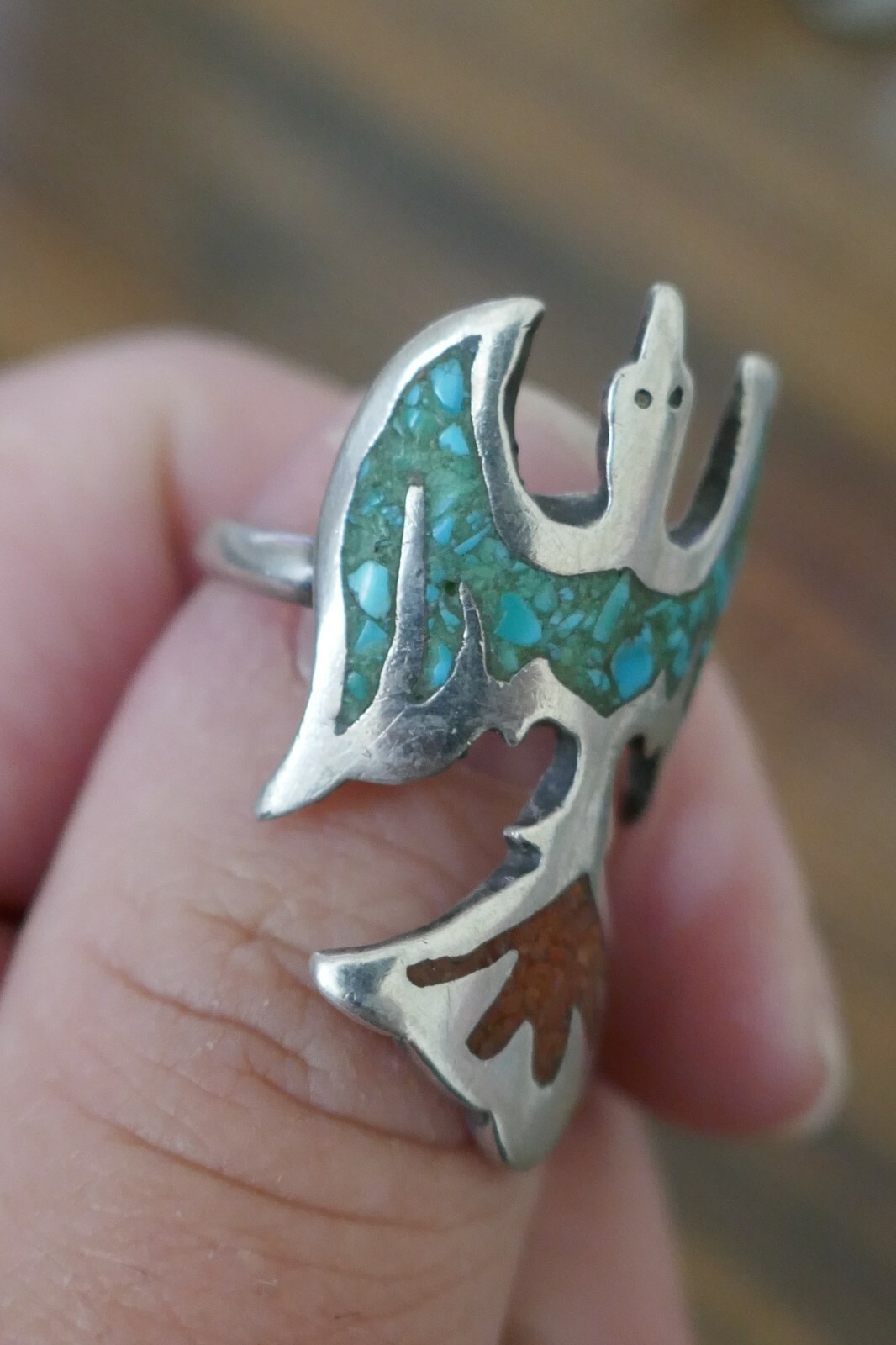 Vintage Southwest Sterling Turquoise & Coral Ring – Size 4.25 / 6.8 Grams