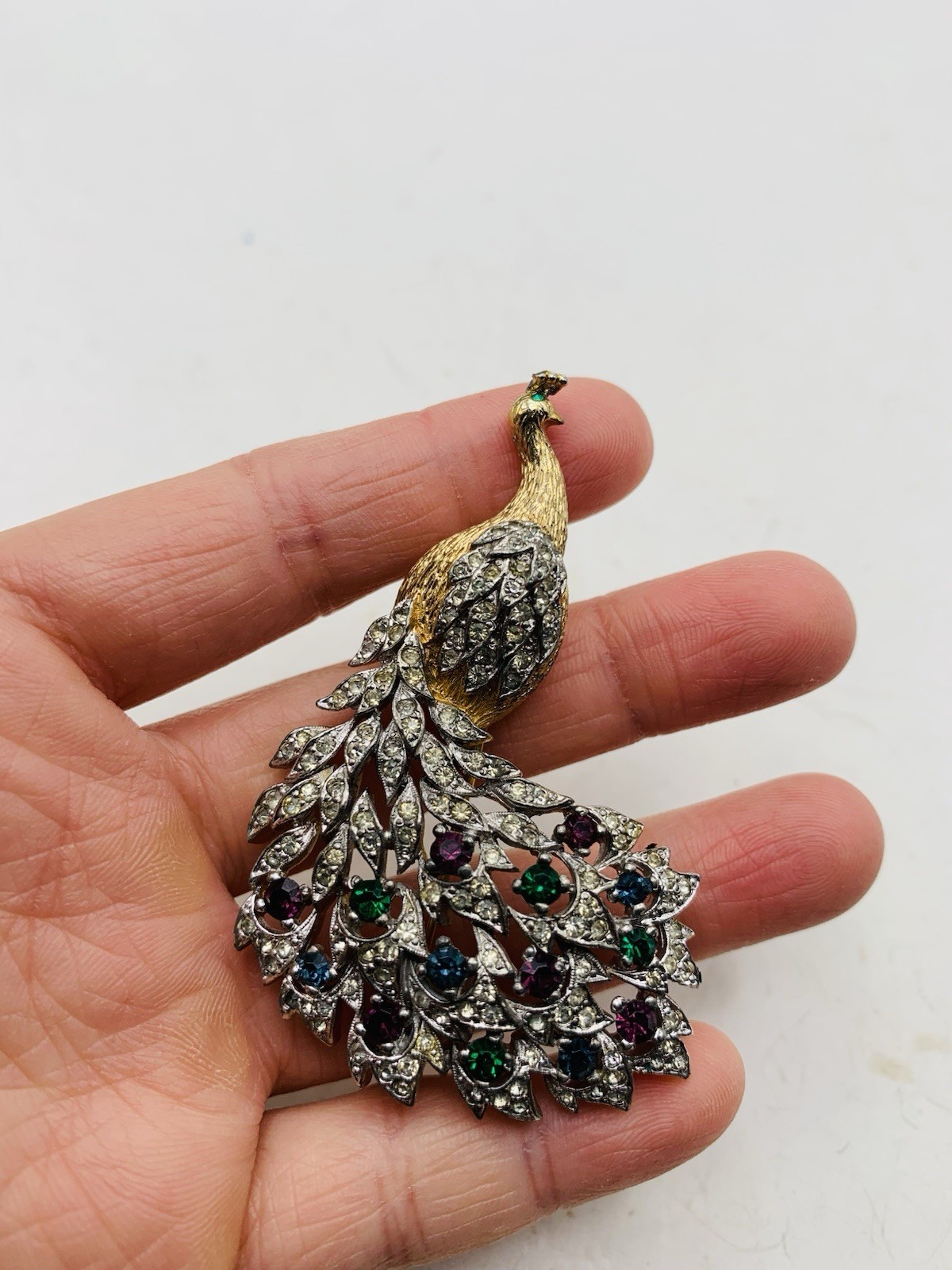Vintage Signed Panetta Peacock Bird Crystal Gold Tone Blue Purple Green Brooch