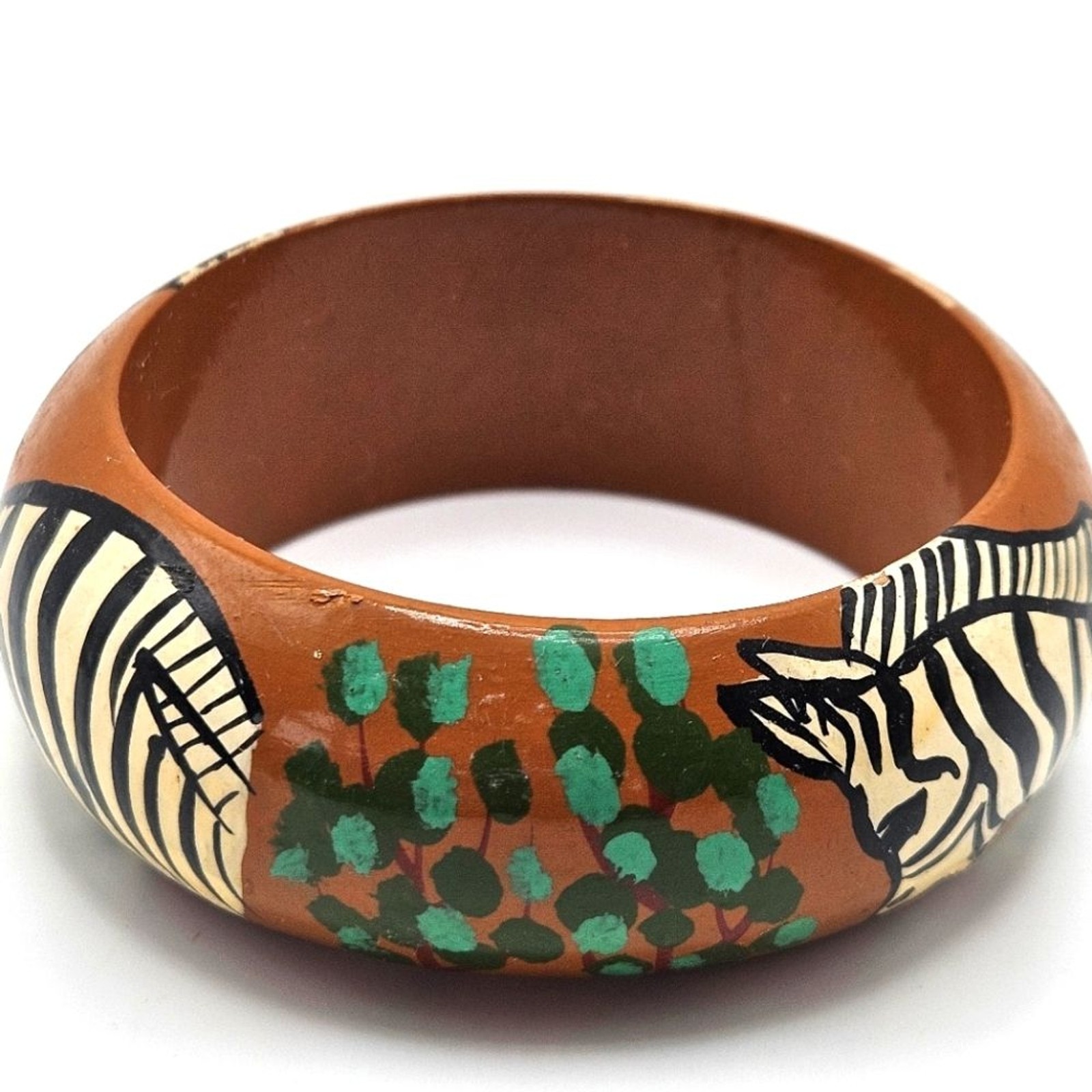 VINTAGE Hand-Painted Safari Zebra Wooden Wood Bangle Bracelet