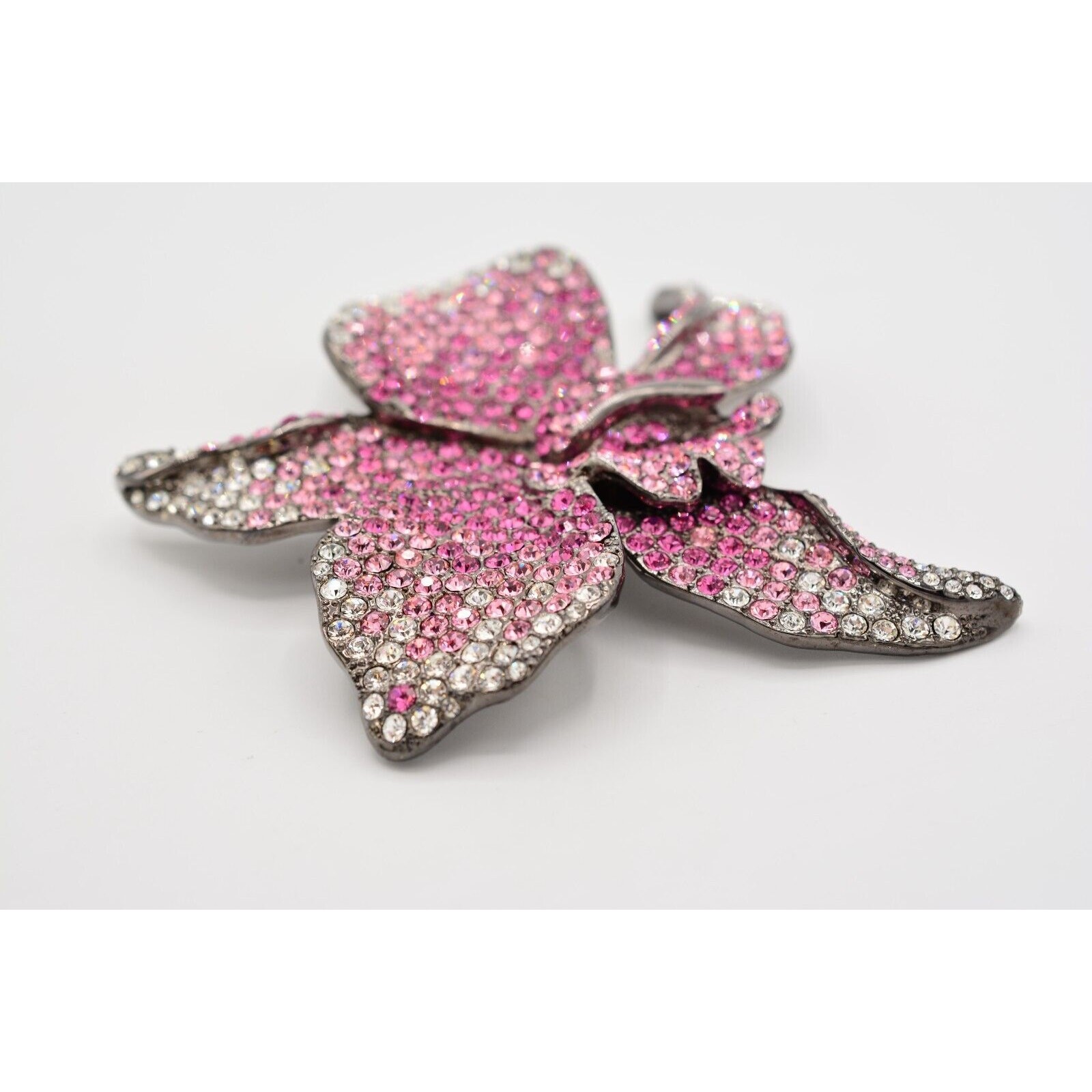 PJM Crystal Flower Brooch Pin 4″ Rhinestone Pink Gunmetal Vintage Signed BinV