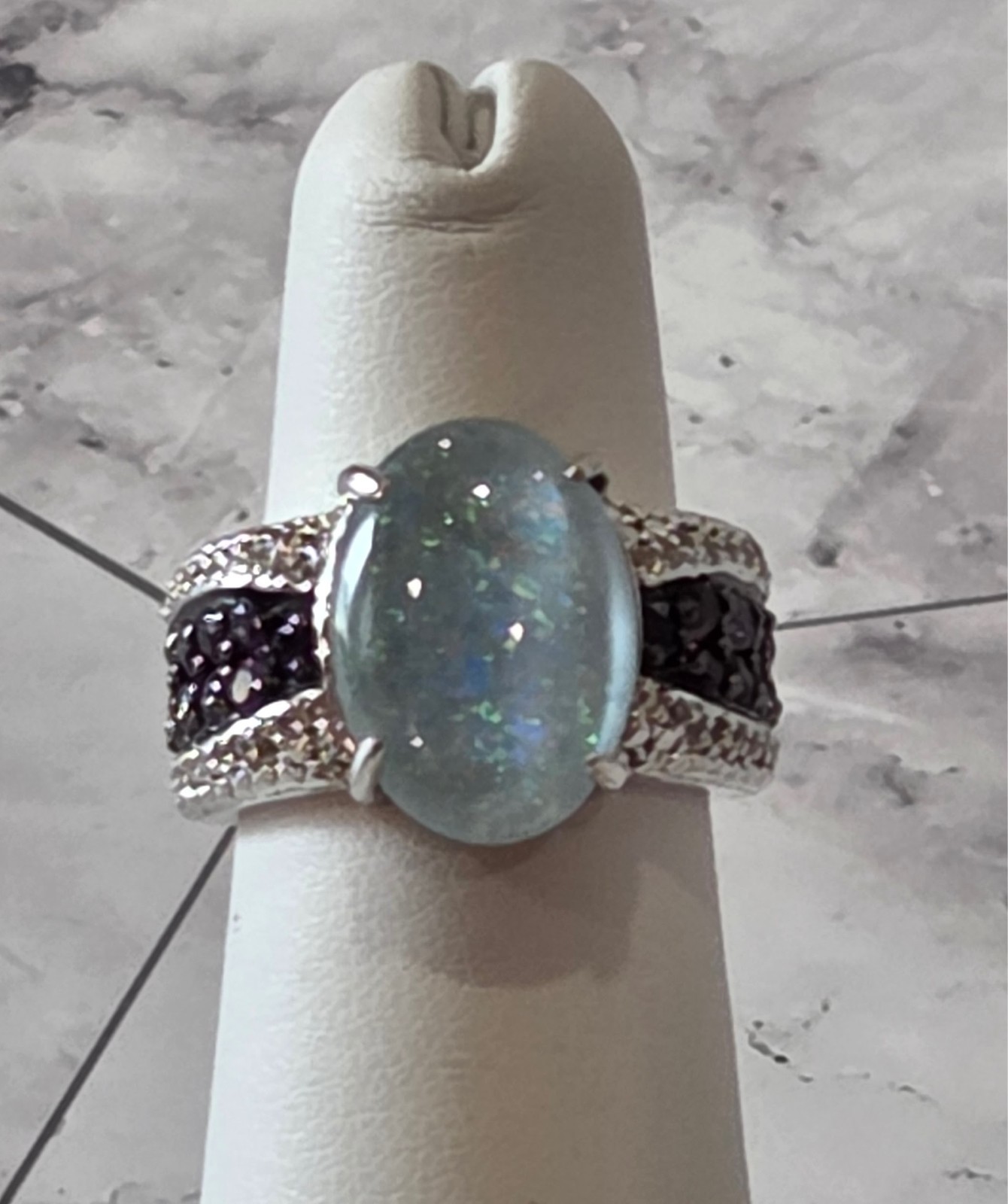 VINTAGE 925 Silver signed JZ Oval Aquamarine & Amethyst Accent Ring sz 5