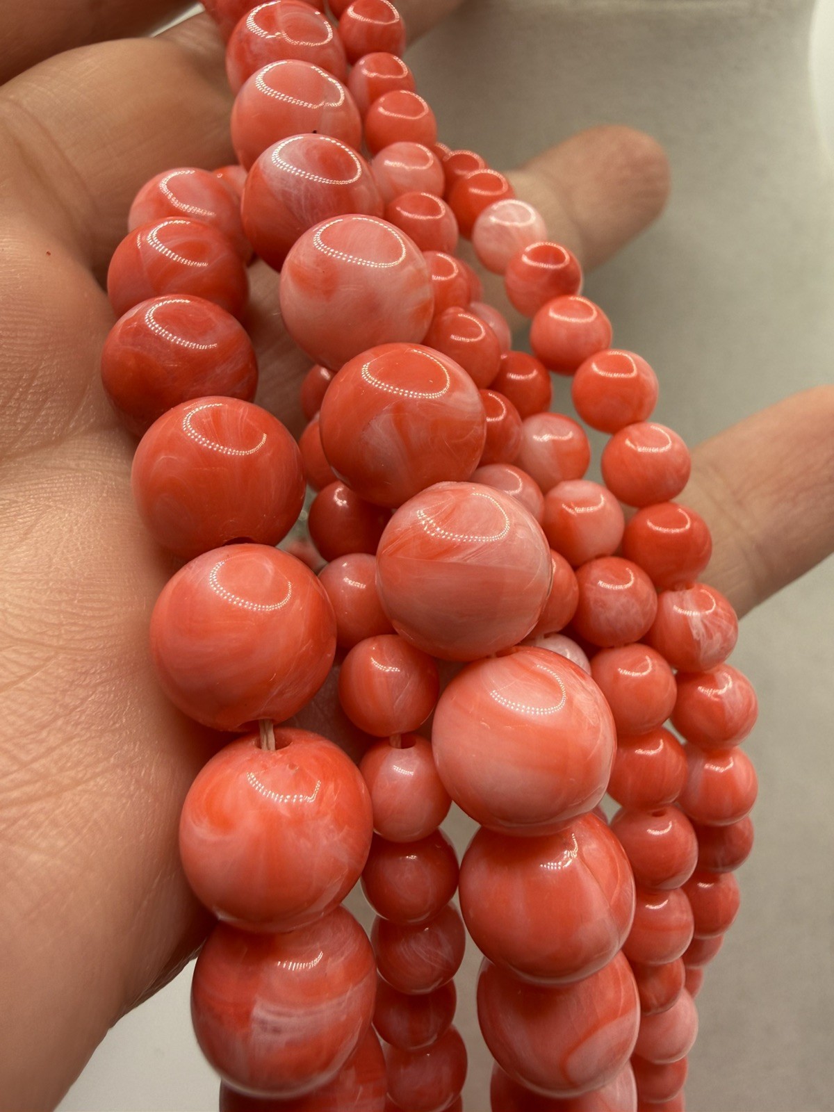Vintage Pink Coral Orange Marbled Lucite Bead Necklace Multi Strand Statement