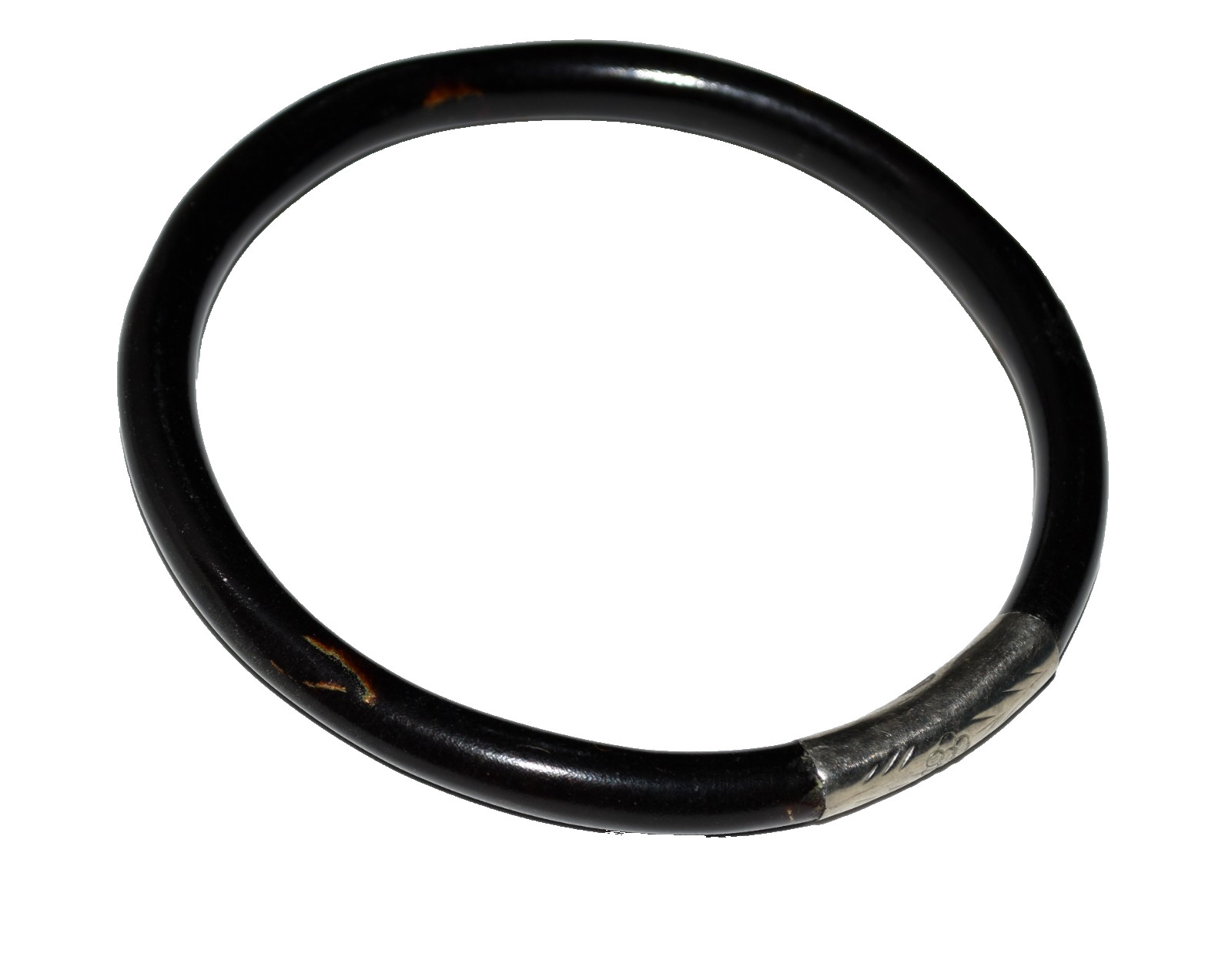 Vintage Hawaiian Black Coral with Engraved Silver Bangle Bracelet Size 8.5