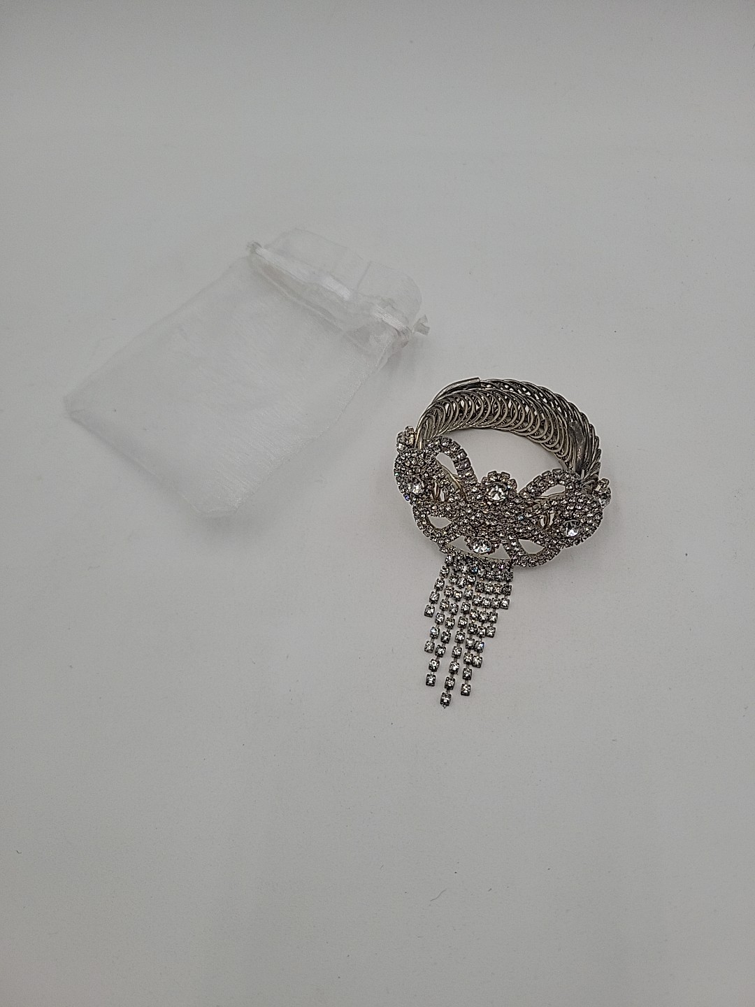 Vintage Rhinestone Cuff Dangle Bracelet, Stretch Band