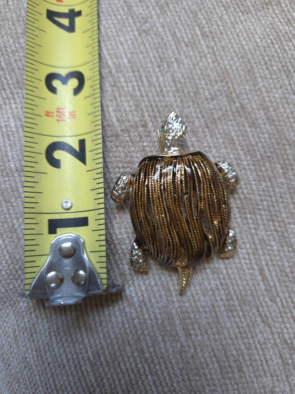 Vintage Turtle Brooch Pin Gold Tone Silver Green Stone Eyes Pin