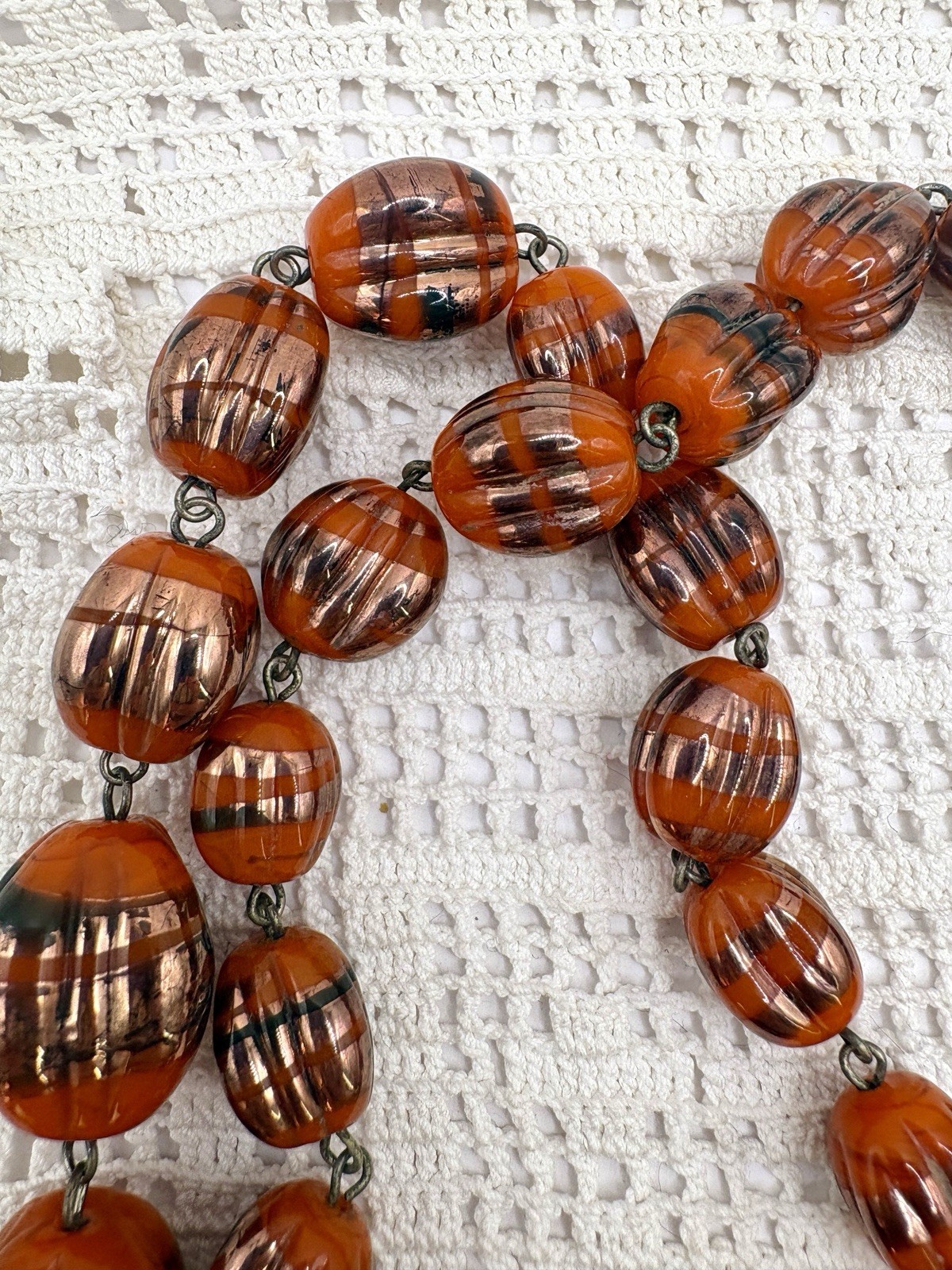 Vintage Czech Melon Foil Glass Graduated Necklace Lampwork Pumpkin 28”