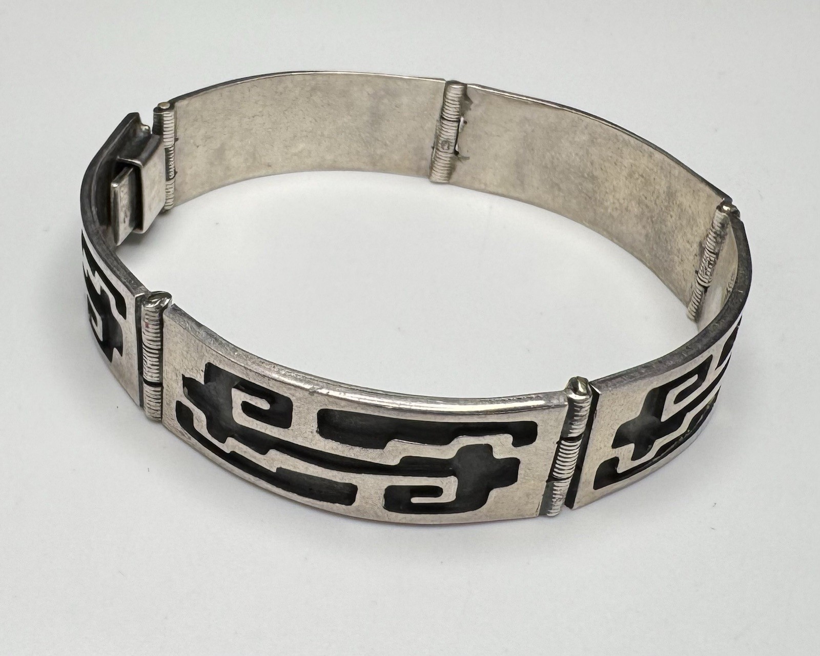 Vtg Mexican Sterling Silver Panel Bracelet Geometric Design IF-09 MEX925 32.9g