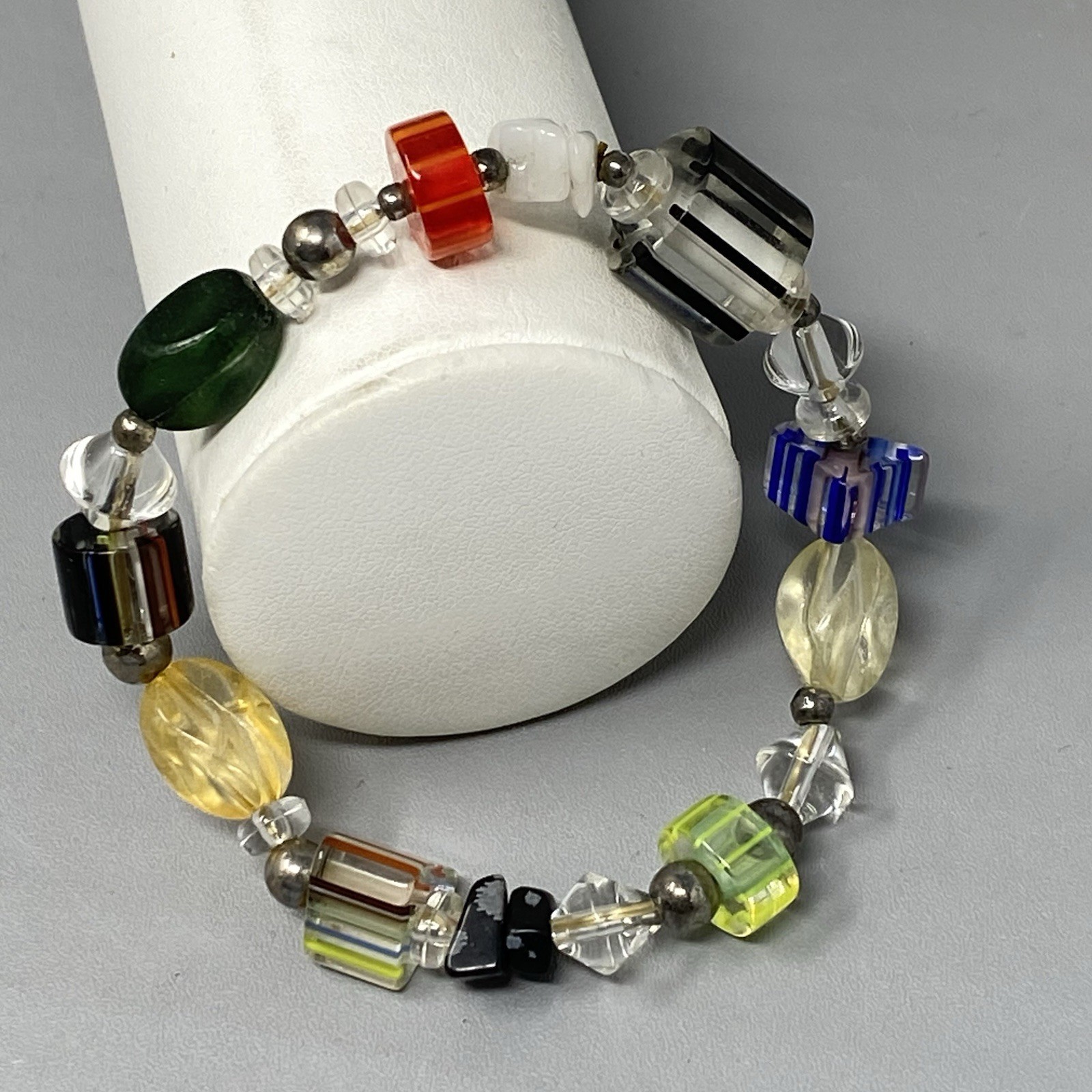 Cane Glass Bead Bracelet Multicolor Geometric Stone Crystal Stretch Fused 6.5″