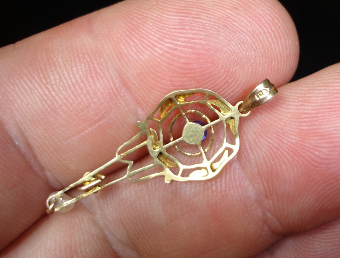 antique 10K gold blue birthstone Lavalier Pendant charm dangle drop wind pearl
