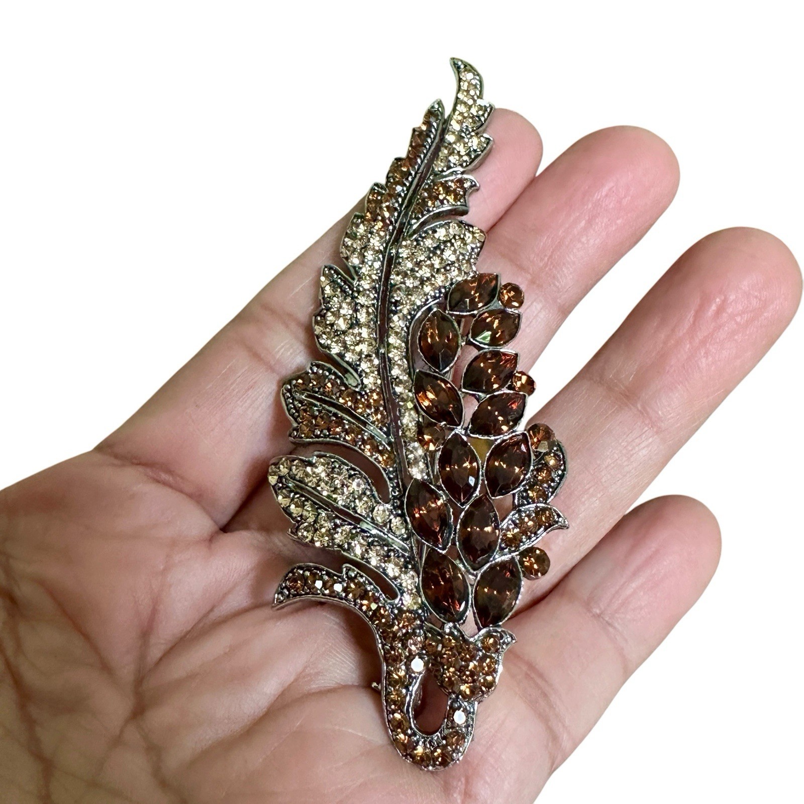 VTG Statement Leaf Floral Brooch 3.5 Inch Amber Brown Rhinestone Crystal Rhodium