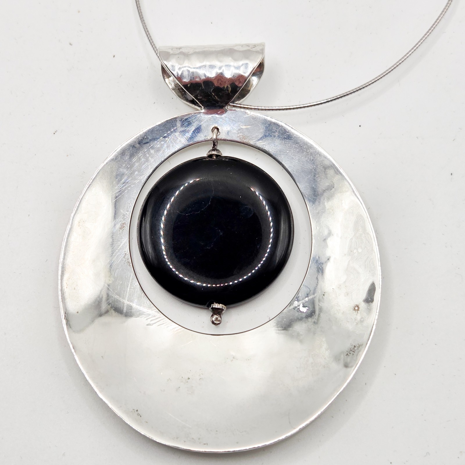 Large Dominique Dinouart 925 Silver Pendant Hammered Onyx Dangle Accent Vintage