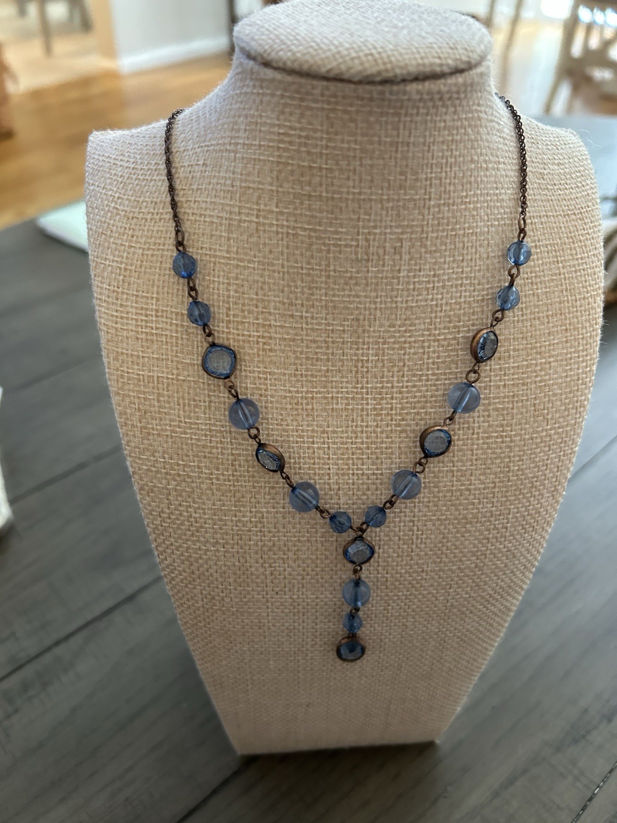 Vintage 1928 Smoky Blue Beads On 16” Bronze Chain With 3” Extender