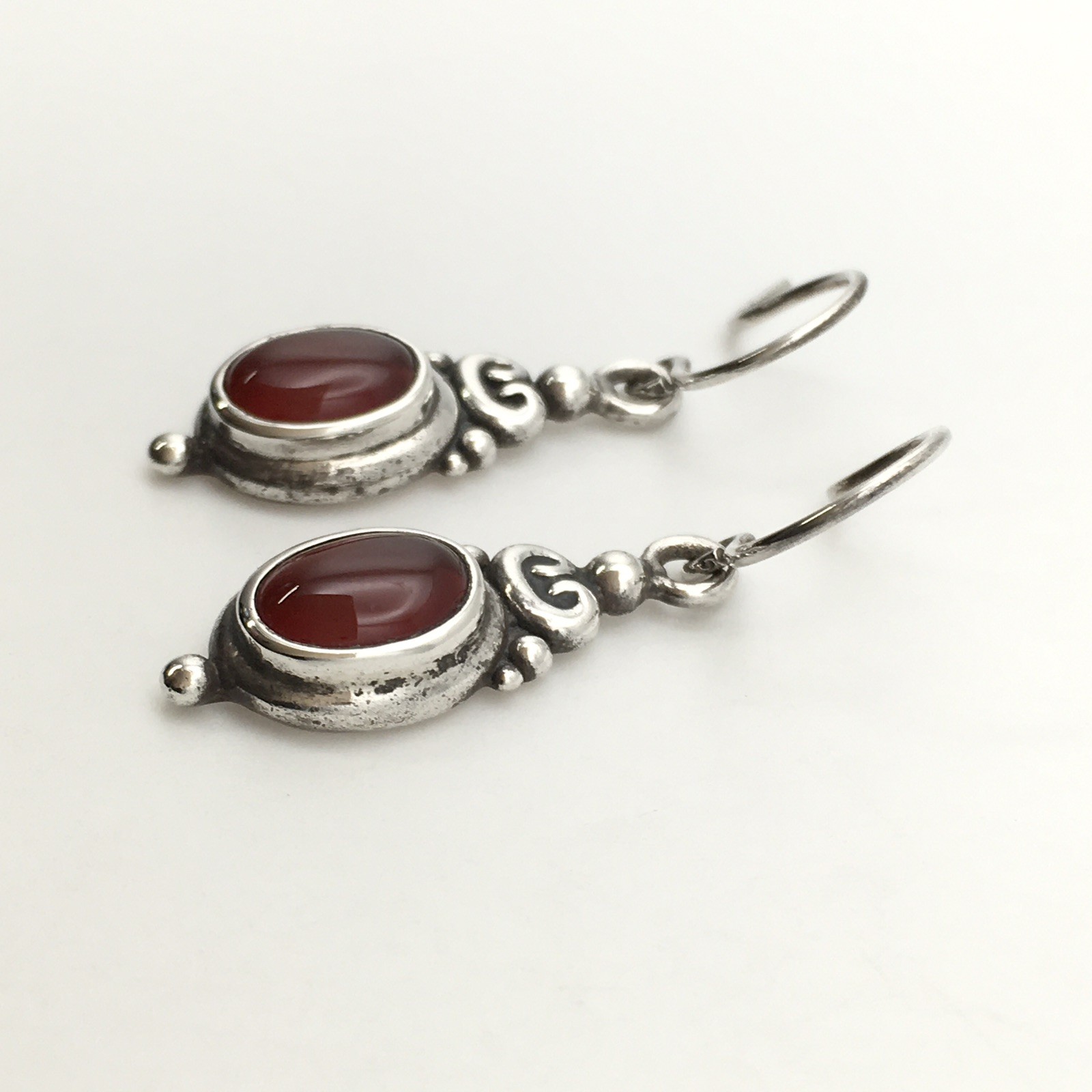 Vintage Sterling Silver Oval Red Orange Stone Hook Dangle Earrings 3.9g #65