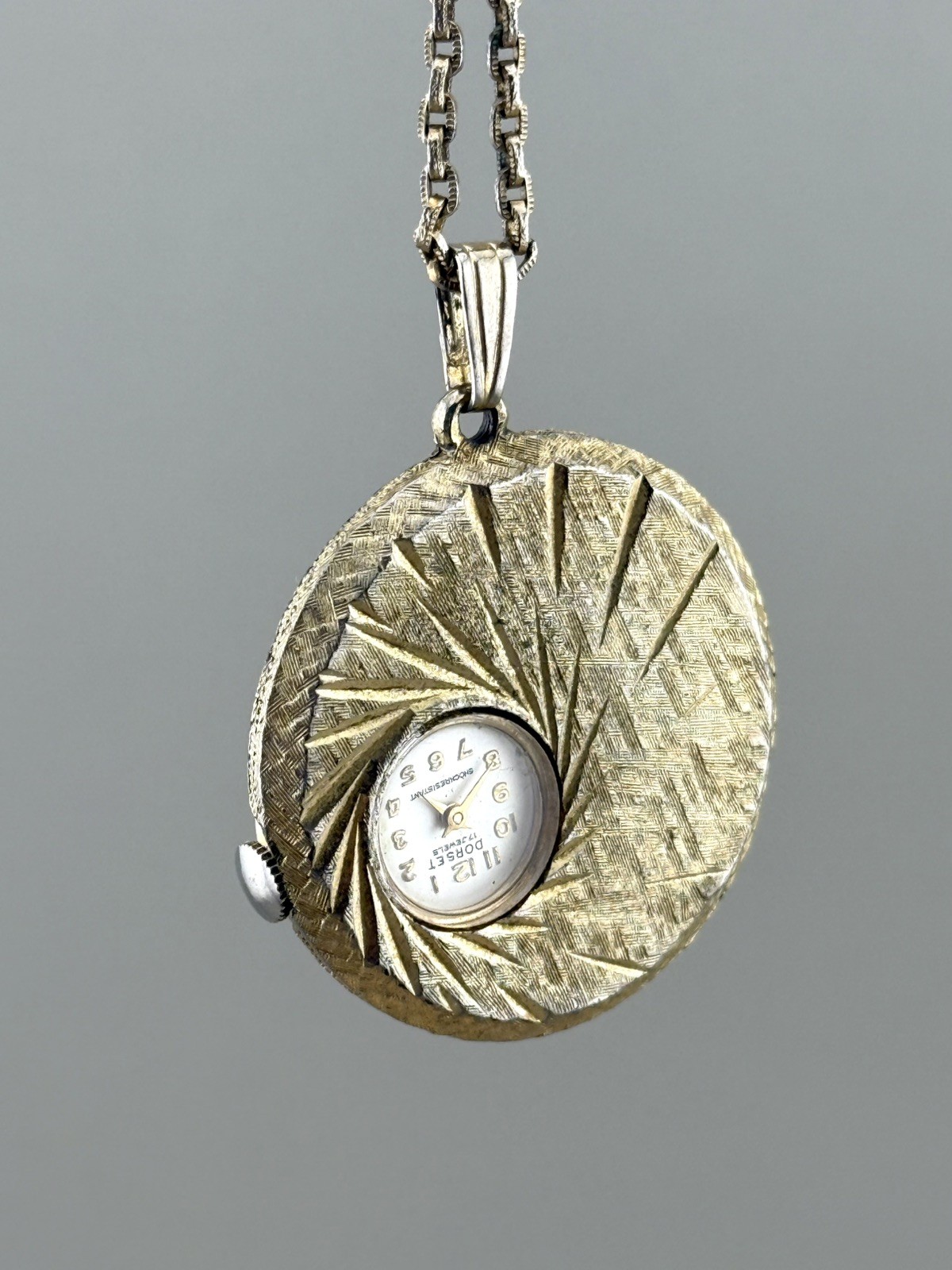 Vintage Dorset Swiss Pendant Watch Mid Century Atomic Starburst Manual 25″ Chain