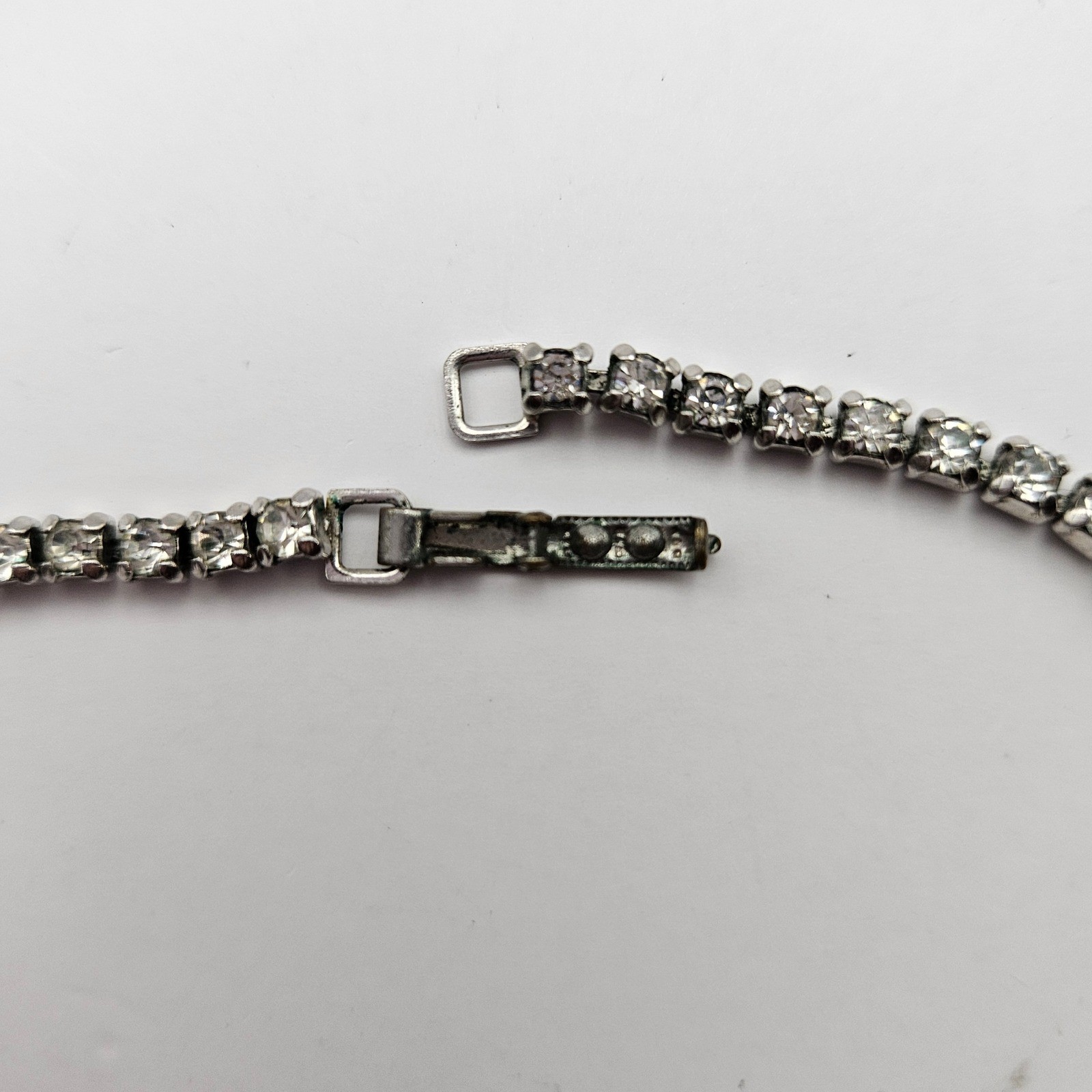 Vintage Silver Tone Blue Teardrop Rhinestone Bib Necklace 15 Inch Mid Century