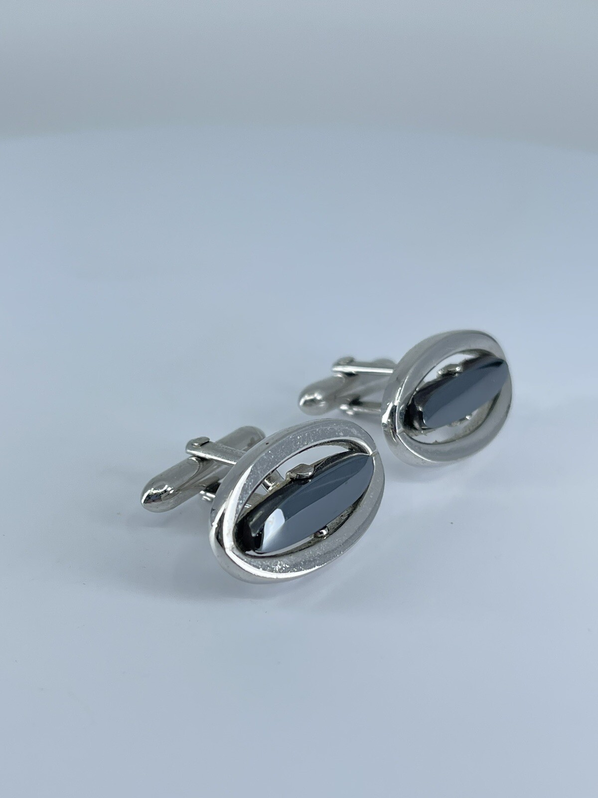 Vintage Swank hematite cufflinks long oval open silver tone design 3/4″