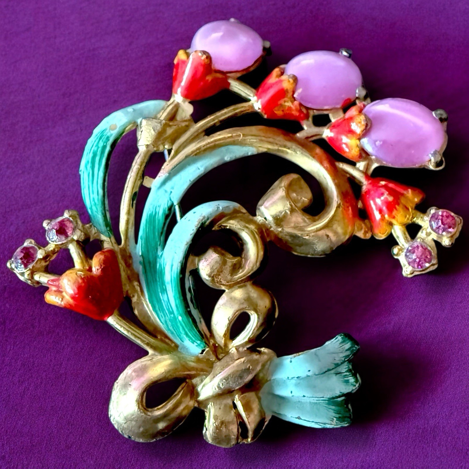 Pot Metal Flower Brooch 1940s Enamel Pink Cabochon Bouquet Vintage Large
