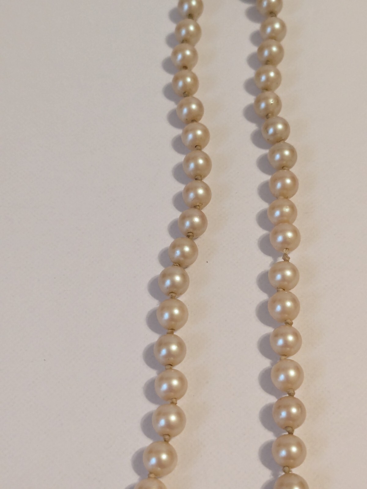 Faux Pearl Vintage Hand Knotted Necklace. Champagne. Barrel Closure 15″.