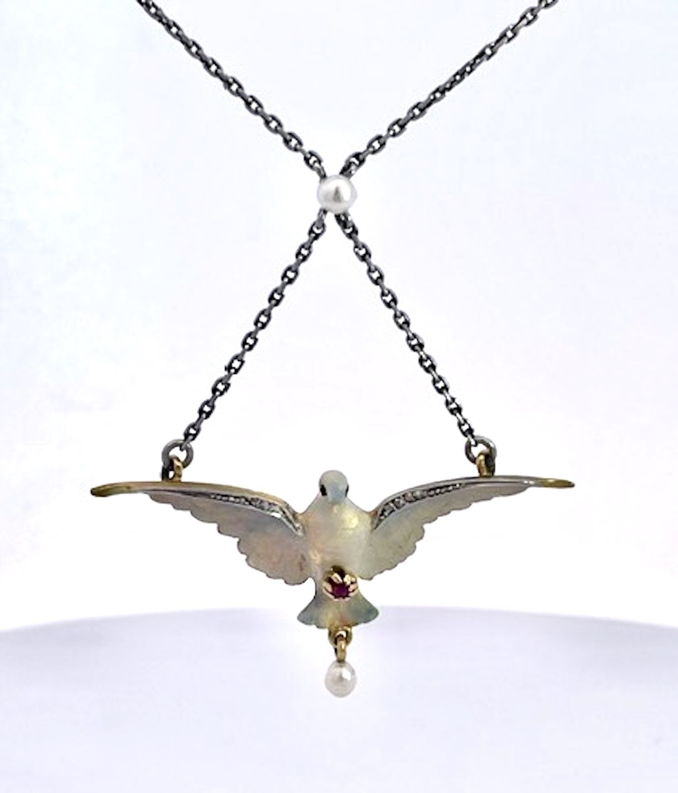 18K Enamel Dove on a Platinum Chain 17″ long