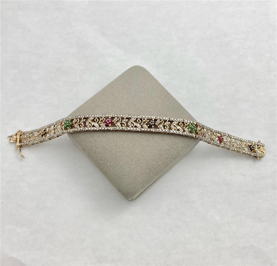 Ross Simons Sterling Silver Gold Pl. Emerald Ruby Sapphire Floral Bracelet 7-1/4