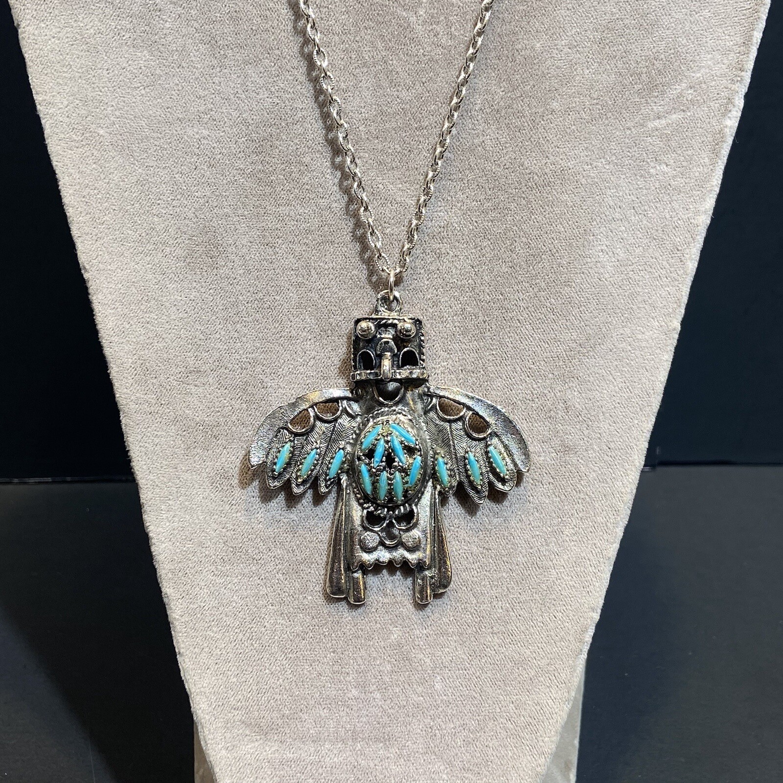 VTG Thunderbird Kachina Pendant Necklace Faux Turquoise Silver Tone Southwestern