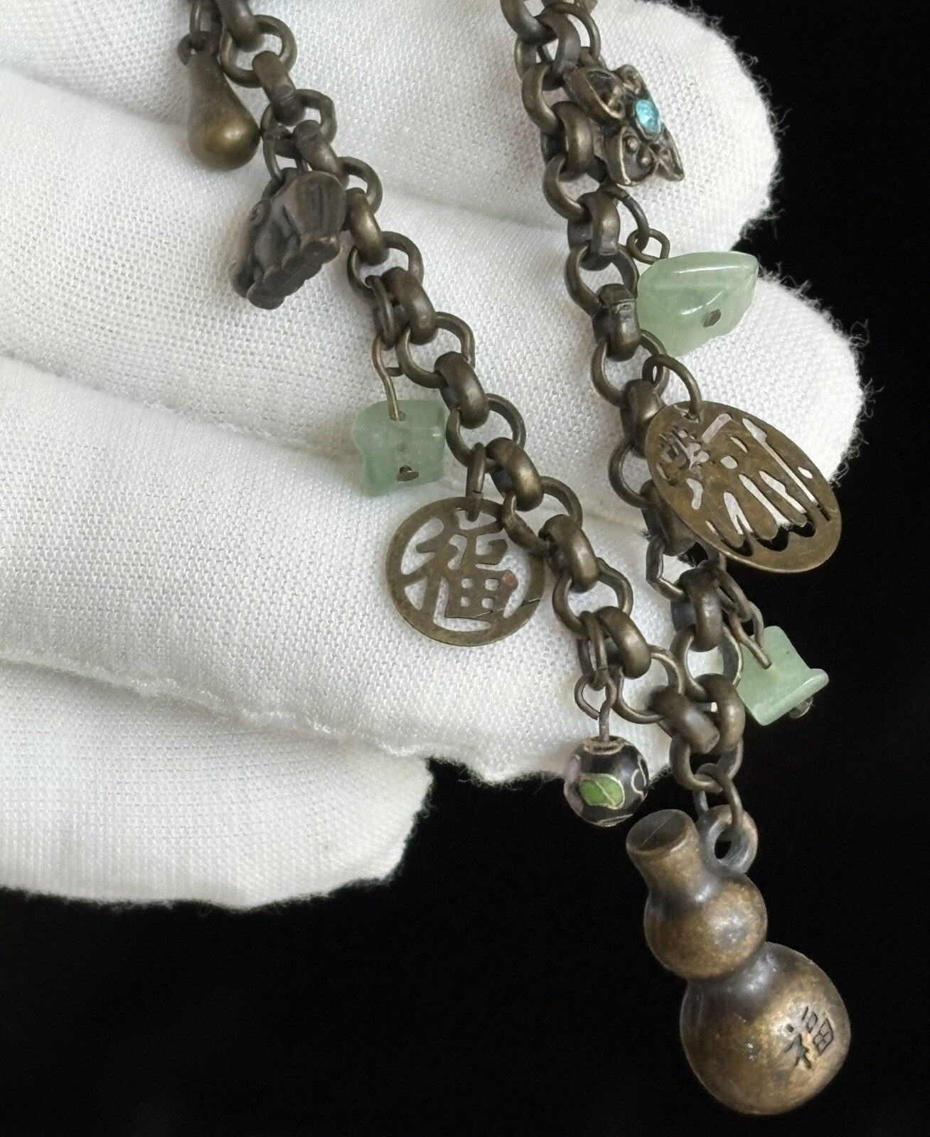 Vintage Chinese Cloisonné Charm Bracelet 7.25in Ladies Good Luck Jade 16.80g