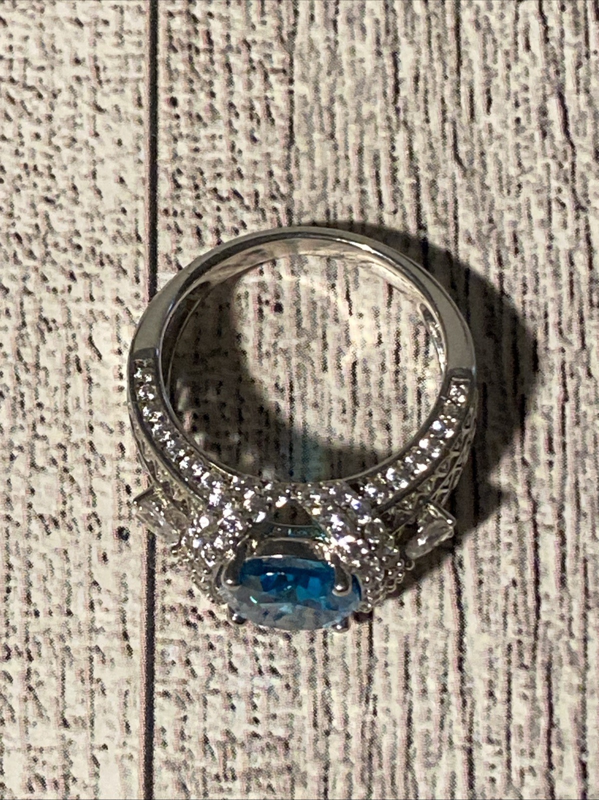 Sz 8 Cushion Cut 925 Ring Blue Topaz Color Stone Sterling Silver Filigree Signed