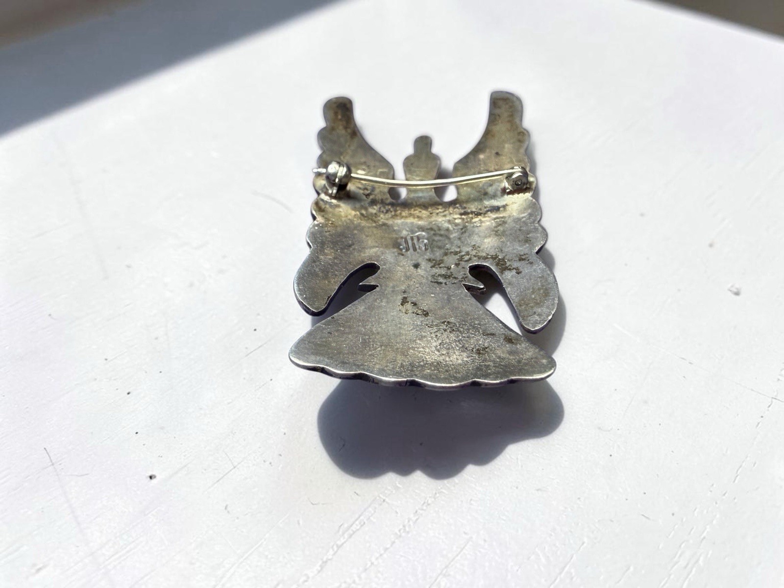 Navajo Juan T. Singer JTS Sterling Silver Turquoise Coral Thunderbird Pin Brooch