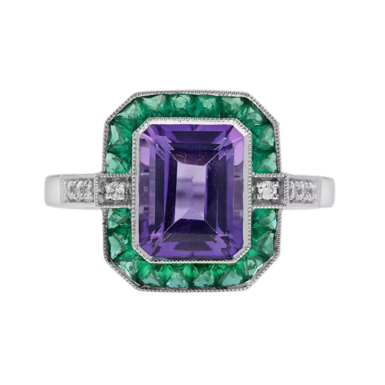 4Ct Art Deco Style Emerald & Amethyst Lab Created Diamond 14K White Gold FN Ring