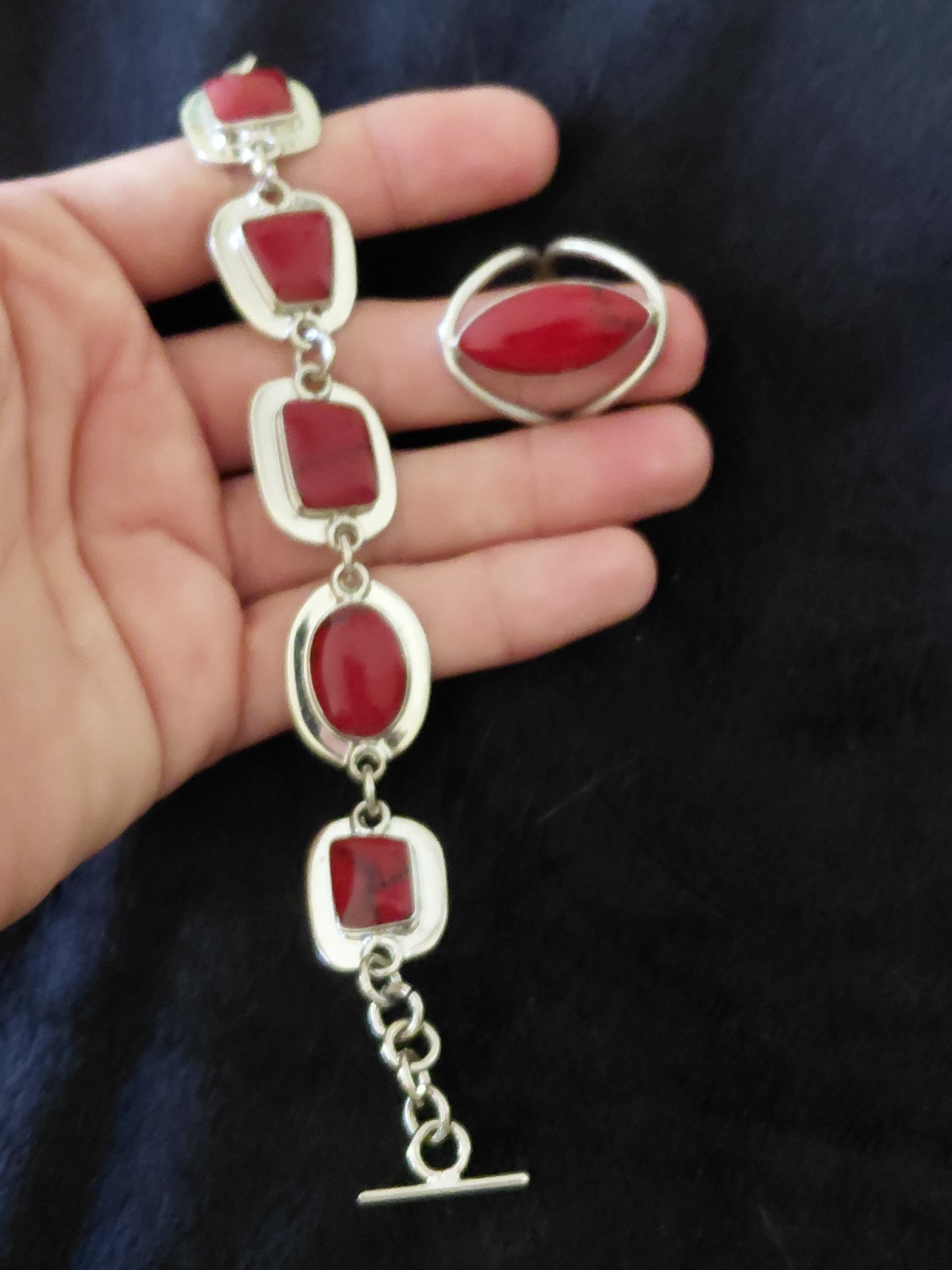 Taxco Vintage Signed ATI Mexico Sterling Silver Red Jasper Bracelet And Ring Set