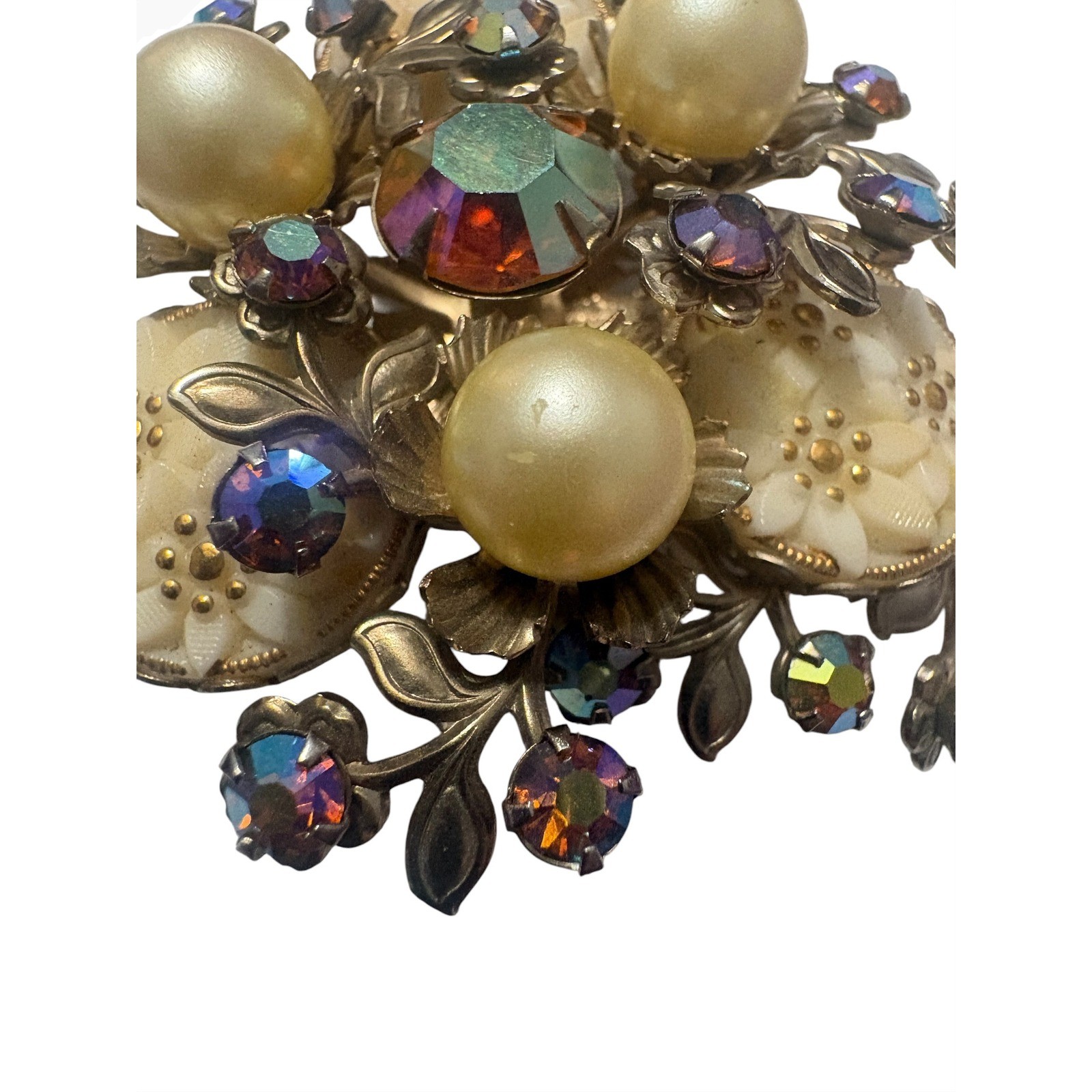Vintage Aurora Borealis Rhinestone Faux Pearl Carved Flower Floral Brooch Pin
