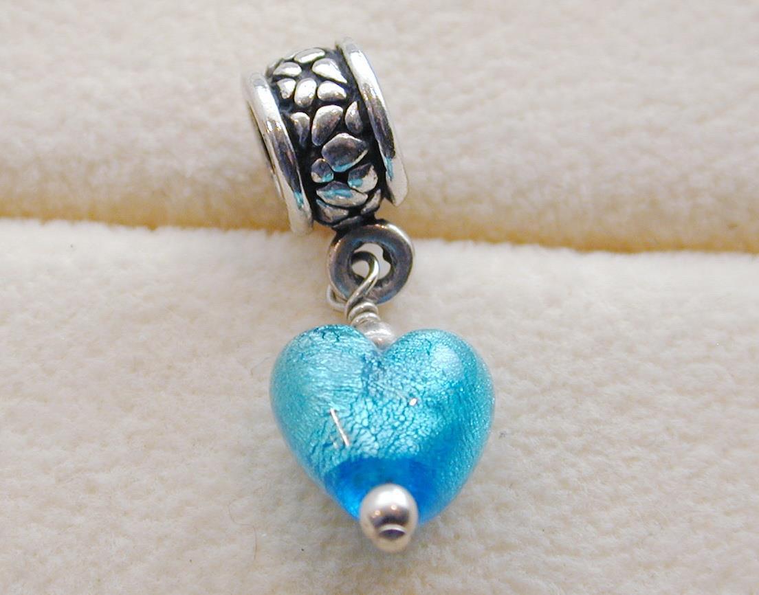 European Charm Sterling Murano Blue Silver Flecks Dangling Glass Heart