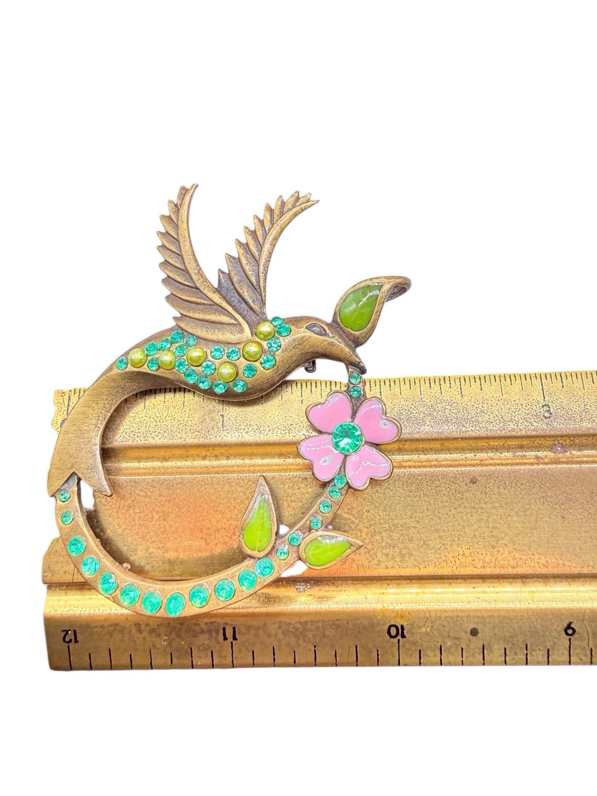 Vintage Green Rhinestone and Faux Pearl Hummingbird Pink Enamel Flower Brooch A9