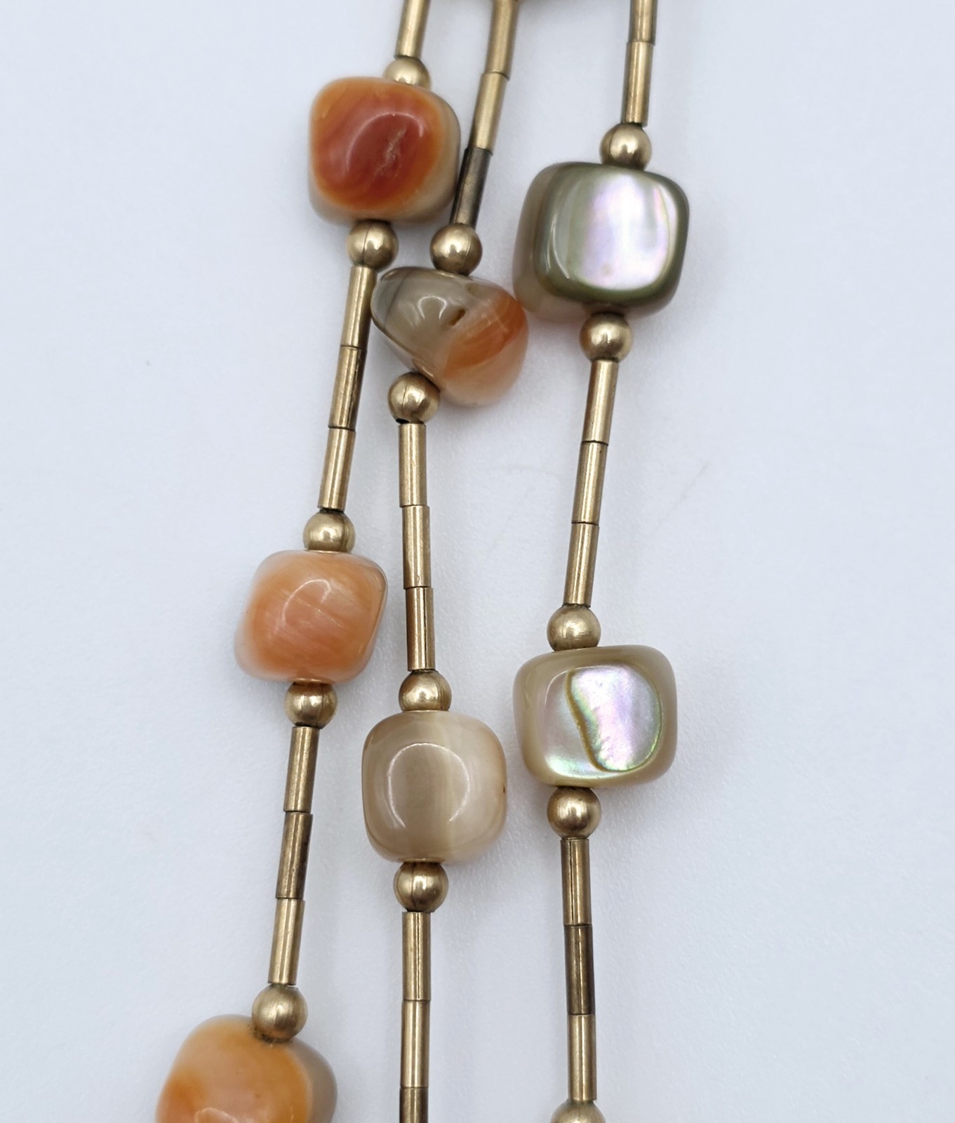 Vintage 3 Strand Liquid Gold Tone Necklace Abalone Mother of Pearl Agate Hook