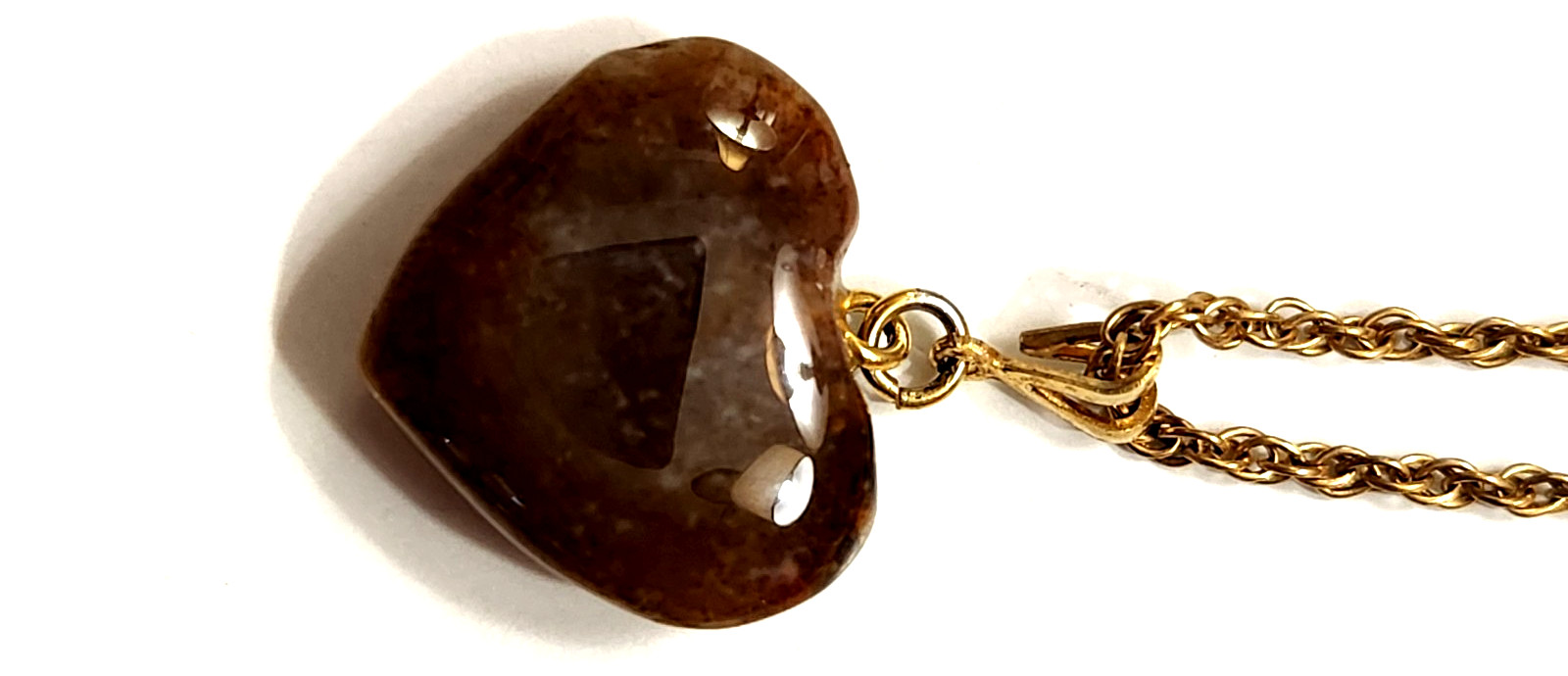 Vtg Dendritic Agate Heart Pendant Necklace Goldtone Rope Chain Earthtones Retro