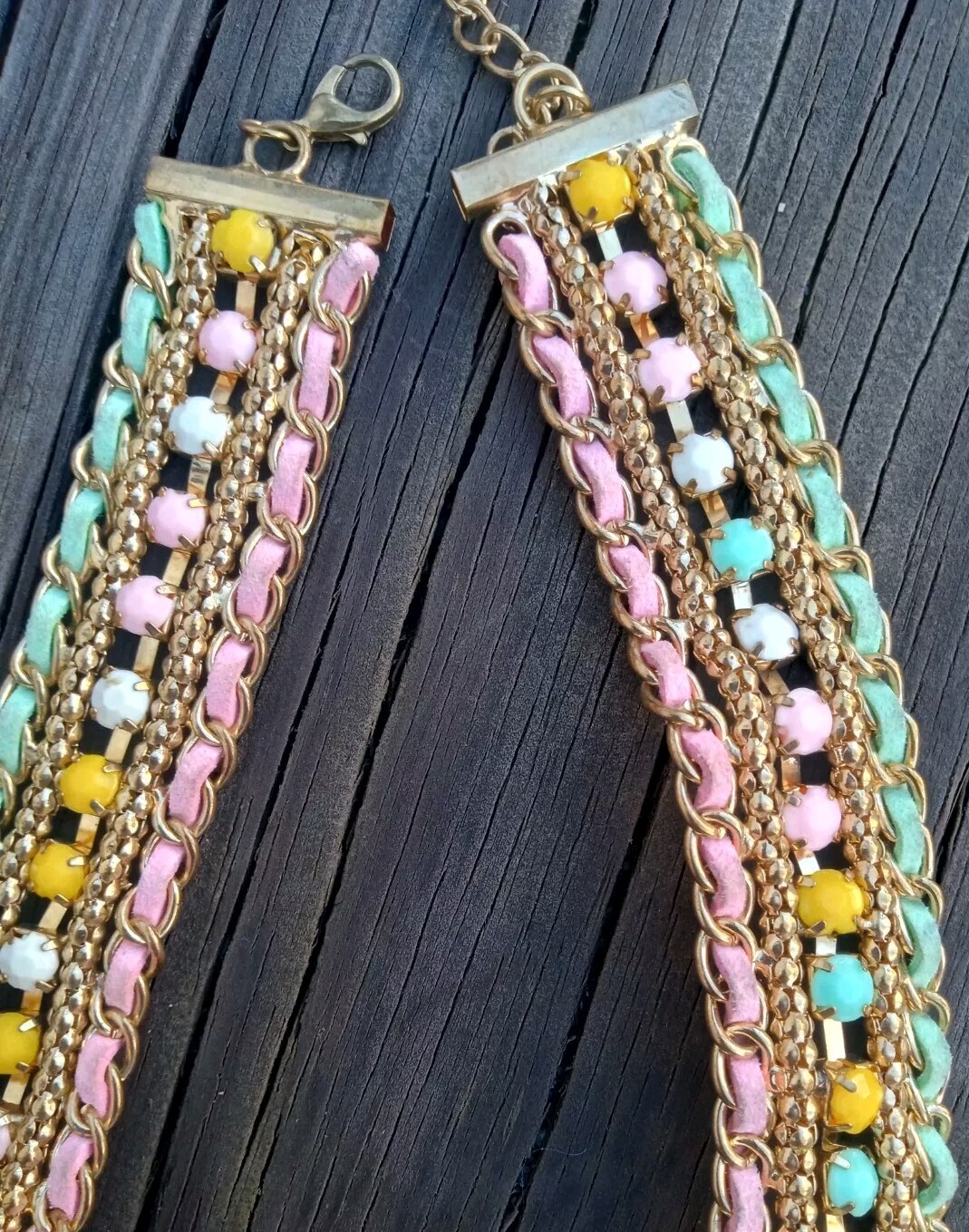 Colorful Pastel Necklace Braided Leather And Multi Colored rhinestones 15″