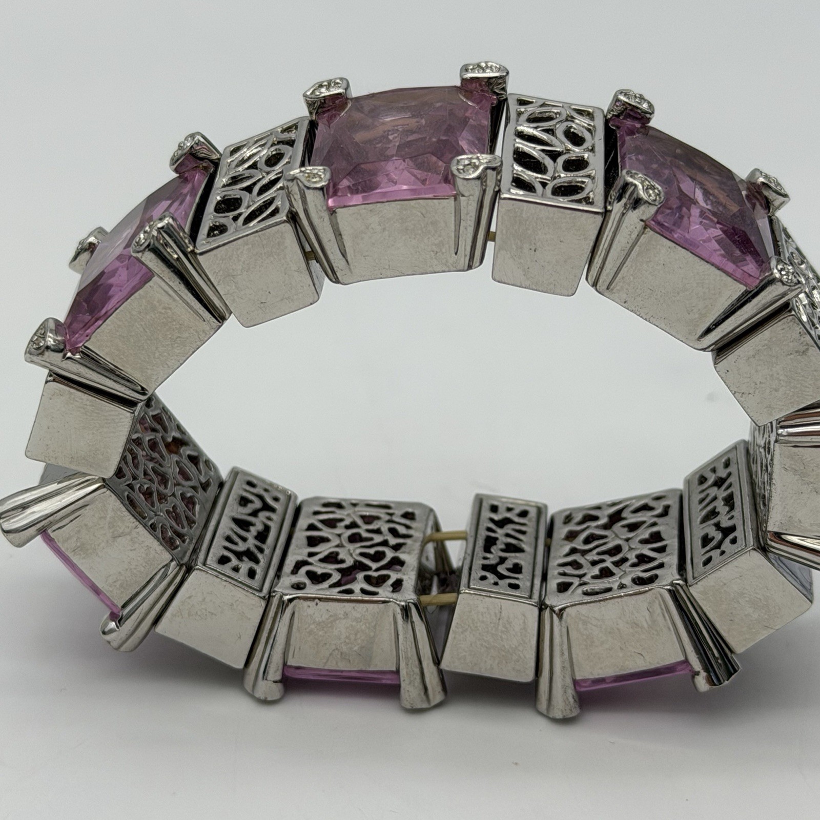 Vtg Crystal Bracelet Pink Glass Statement Heavy Chunky Unsigned Designer