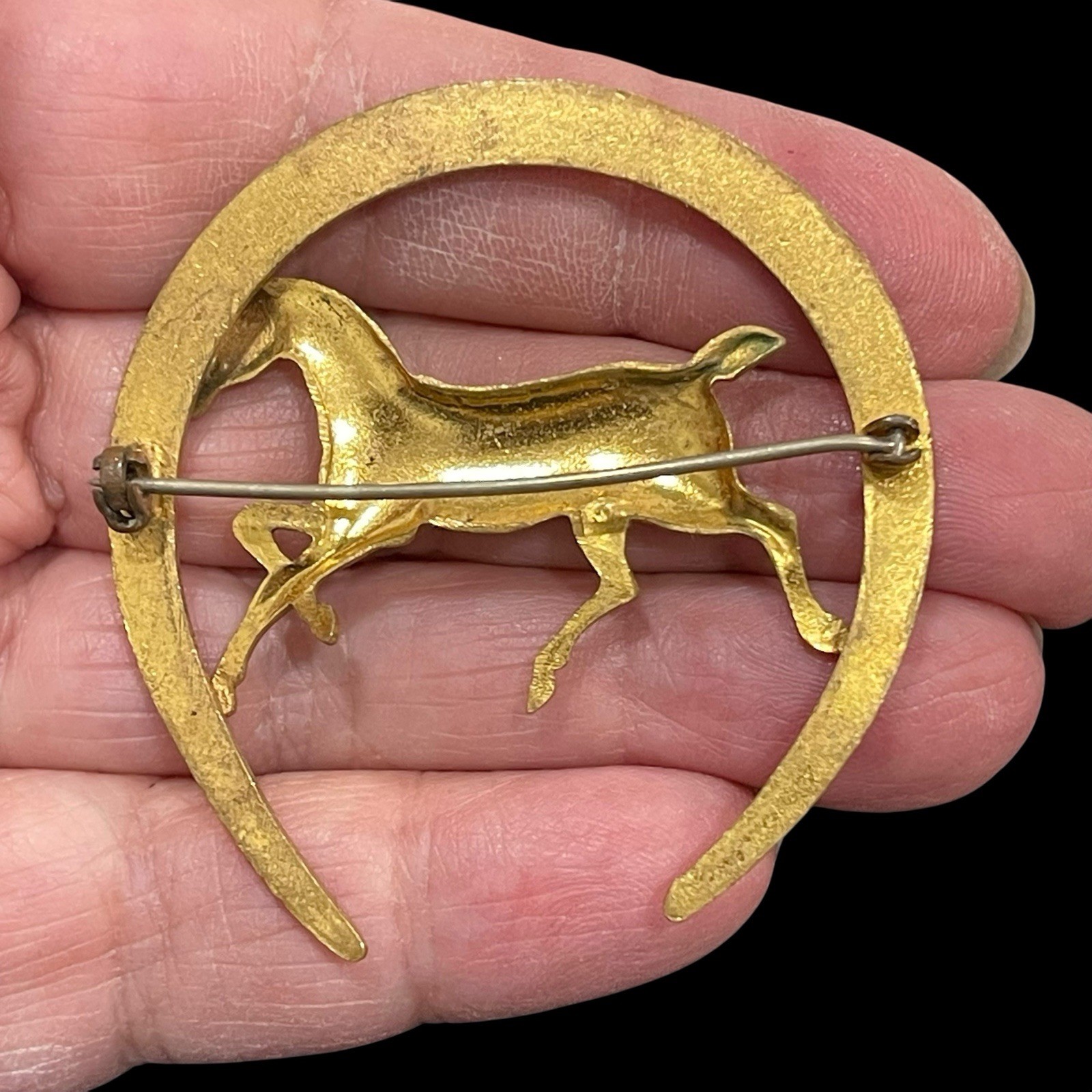 Horseshoe Pin Running Horse Riding Trotter Equestrian Brass Vintage Brooch Lucky