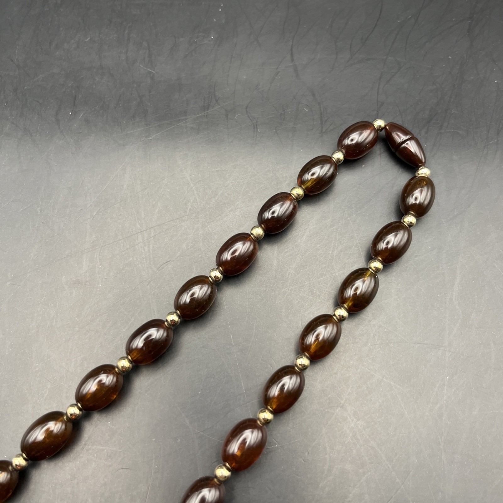Faux Amber Lucite Necklace Beaded Gold Tone 23 Inch Honey Color Classic Vintage
