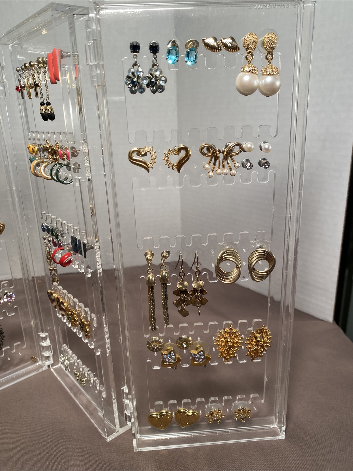 Vintage Lot 60 Pairs Earrings, 15 Necklaces & Acrylic Displays Monet, Avon