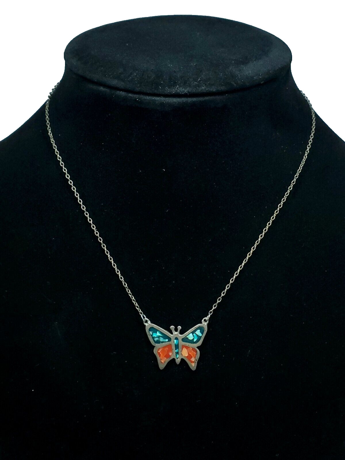 Vintage Butterfly Silver Turquoise Coral Chip Inlay Enamel Pendant Necklace