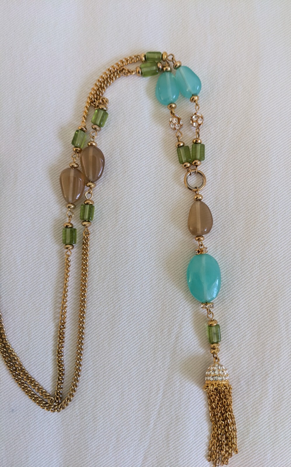 Kenneth Jay Lane Signed KJL Lucite Rhinestone Gold Tone Y-Necklace with Tassel